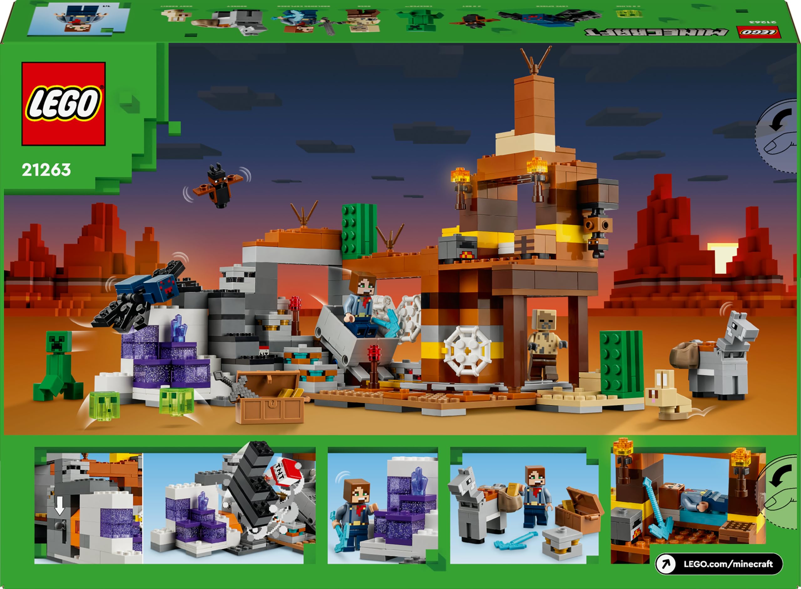 LEGO Minecraft The Badlands Mineshaft - Interactive Toy with Explorer, Creeper and Spider Figures, Plus Exploding TNT Function - Gaming Gift for 8+ Year Old Boys & Girls - 21263