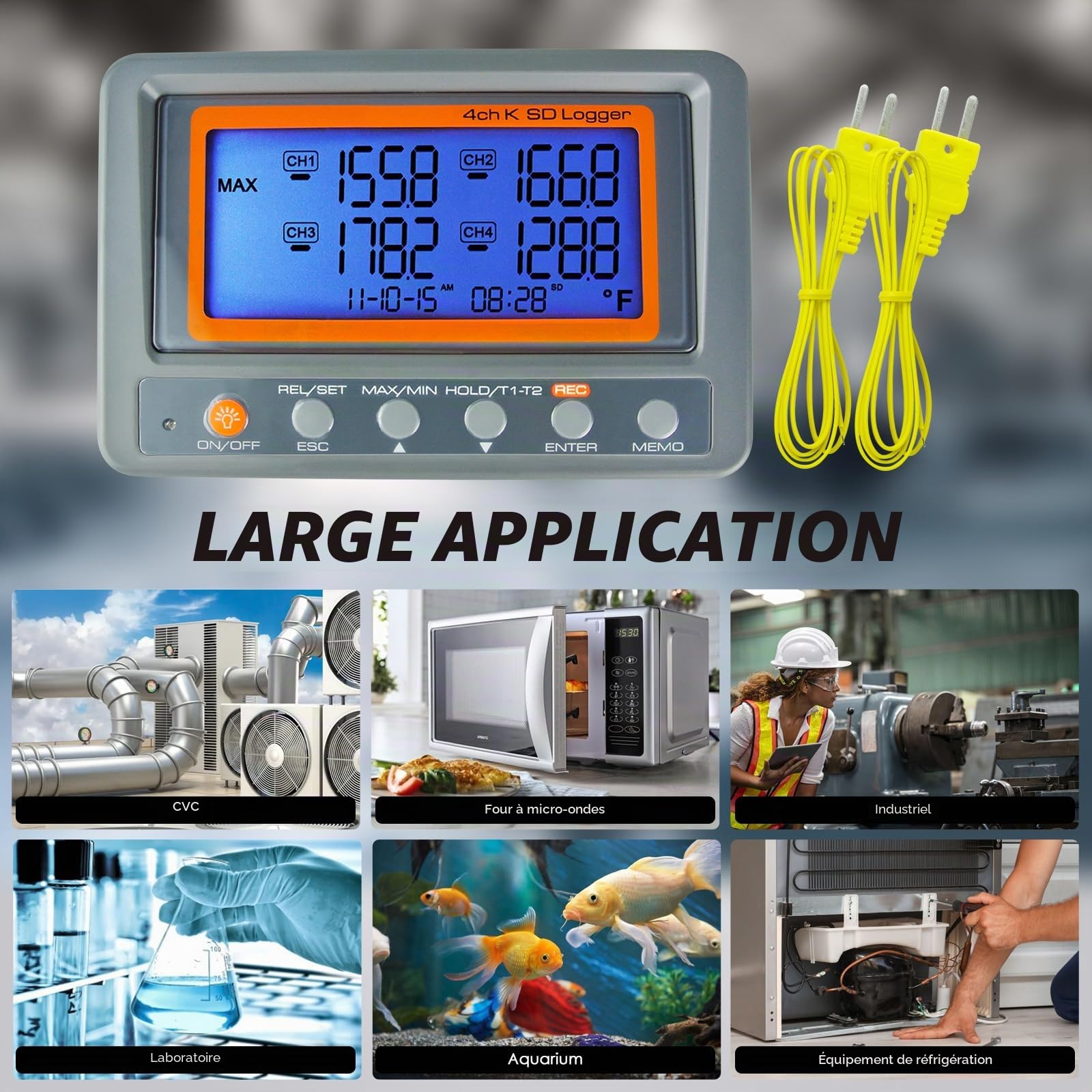 Thermomètre thermocouple numérique 4 canaux type K avec fonction enregistreur de données sur carte SD, alarme de limite haute/basse programmable, capteur de température multi-canaux,