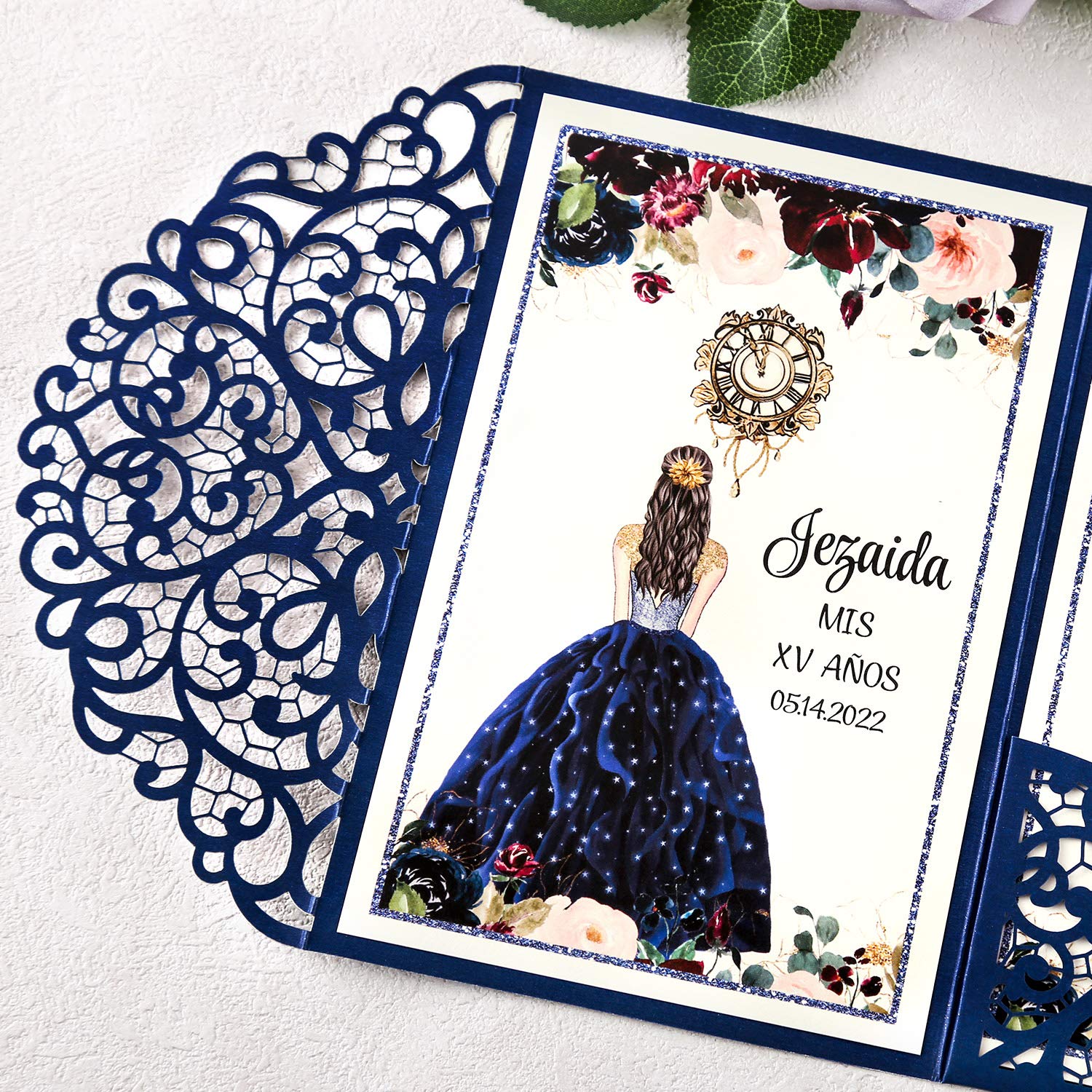 DORIS HOME Quinceanera Einladungskarten mit Umschlägen für Quincenera Geburtstag, Quinceanera Einladungskarten, 11,9 x 17,8 cm, 50 Stück, blanko, marineblau