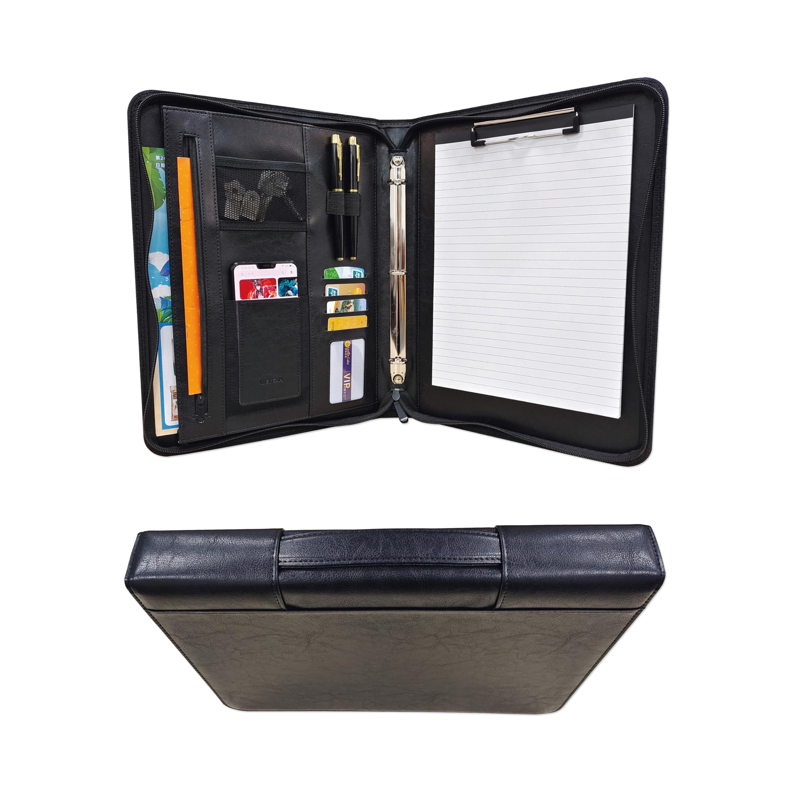 Faux Leather 3 Ring Portfolio Binder With Handle, Business Padfolio for Men & Women, Zippered Document Organizer for Home & Office Use, Including Clipboard, Notepad and Sheet Protectors (Black)