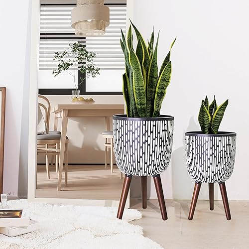 Miniatura 6 de Juego de 2 macetas con soporte de 10 y 12 pulgadas, maceta grande de mediados de siglo con patas para plantas de interior, maceta de pie con