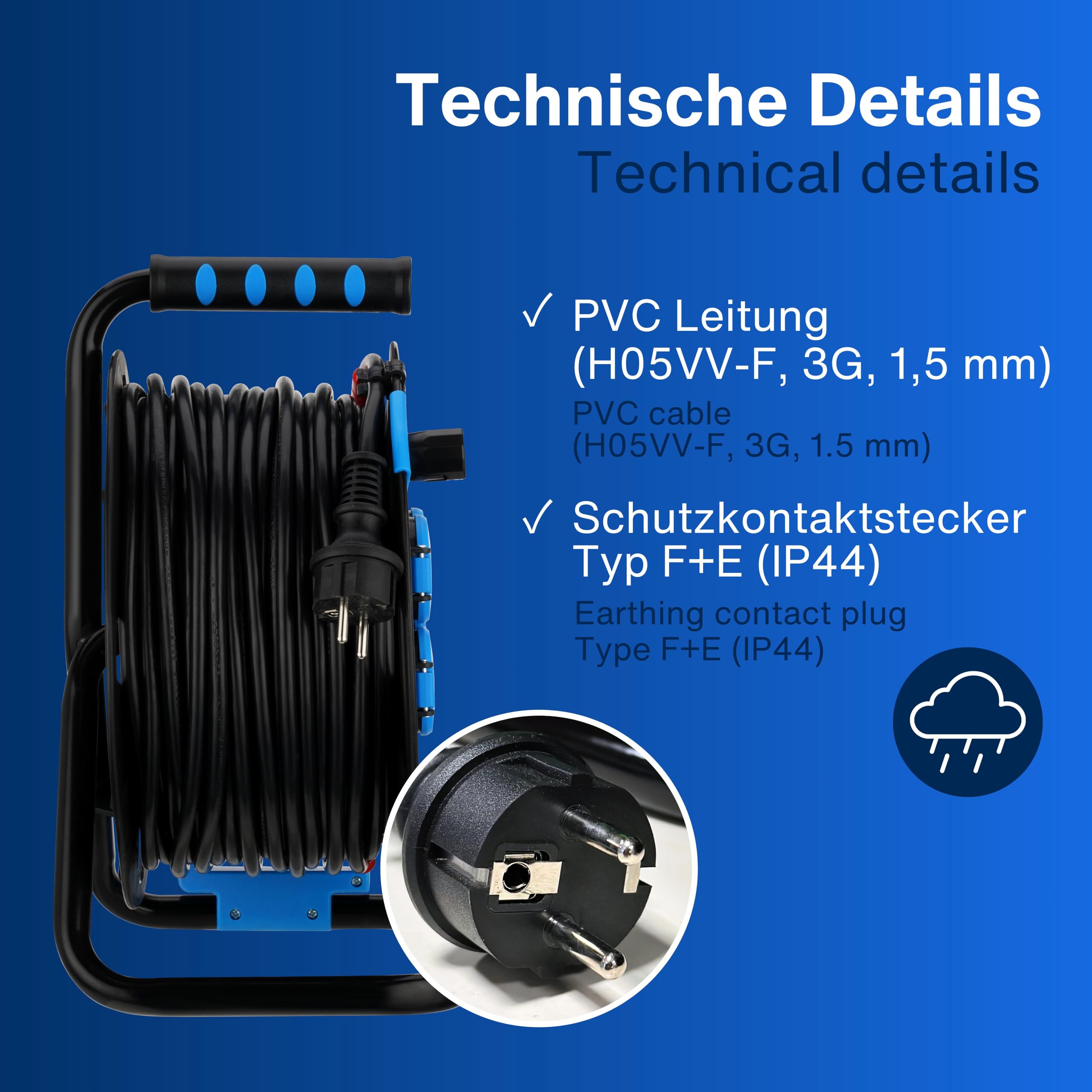 REV Kabeltrommel 50m Outdoor IP44 4 Schutzkontaktsteckdosen blau