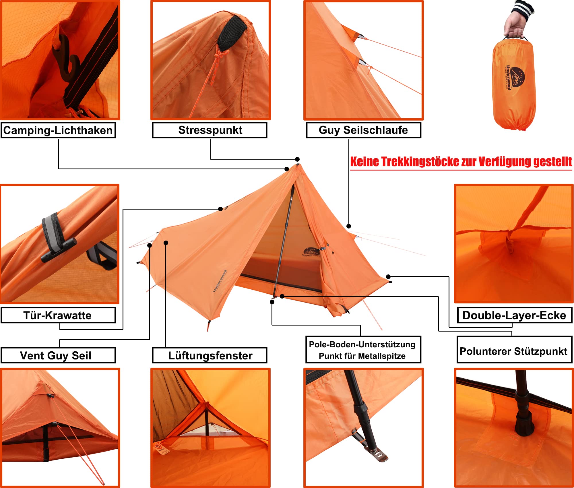1 Personen Zelt für Camping – Ultraleicht Trekkingstock Zelt, Wasserdicht Outdoor 1 Mann Zelt, Kompakt Zelt mit Kleines Packmaß für Wandern, Strand, Festival(Keine Trekkingstöcke)