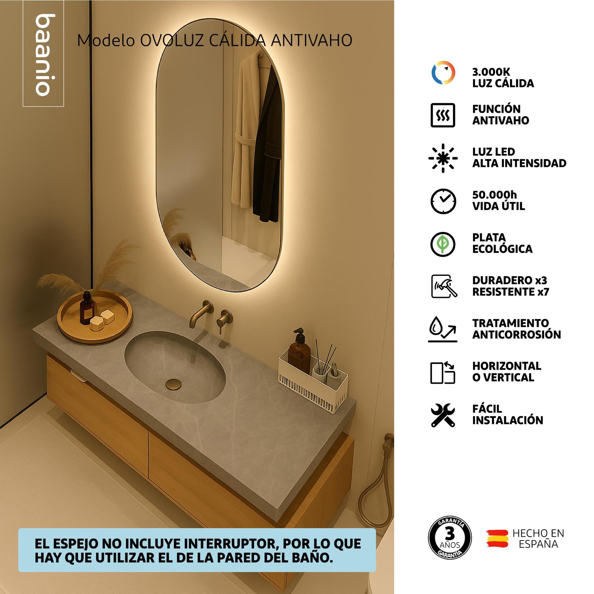Ovolux - Espejo Baño Luz LED Cálida Ovalado 60x100 con antivaho | Espejo Retroiluminado | Plata Ecológica de 4 mm y Fácil Instalación | Montaje Horizontal o Vertical