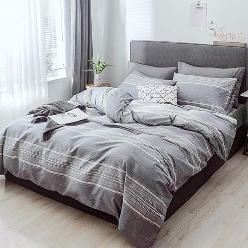 Joyreap Juego de edredón de algodón de 3 piezas diseño simple de rayas grises y blancas transpirable agradable al tacto para todas las estaciones