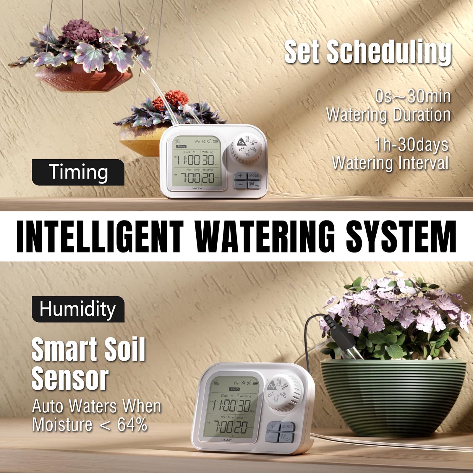 Raddy WS-7 Irrigazione automatico solare, Sistema di irrigazione per 15 piante in vaso, Rilevamento automatico dell'umidità del terreno, 2600 mAh batteria, IPX7 per interni ed esterni, balconi