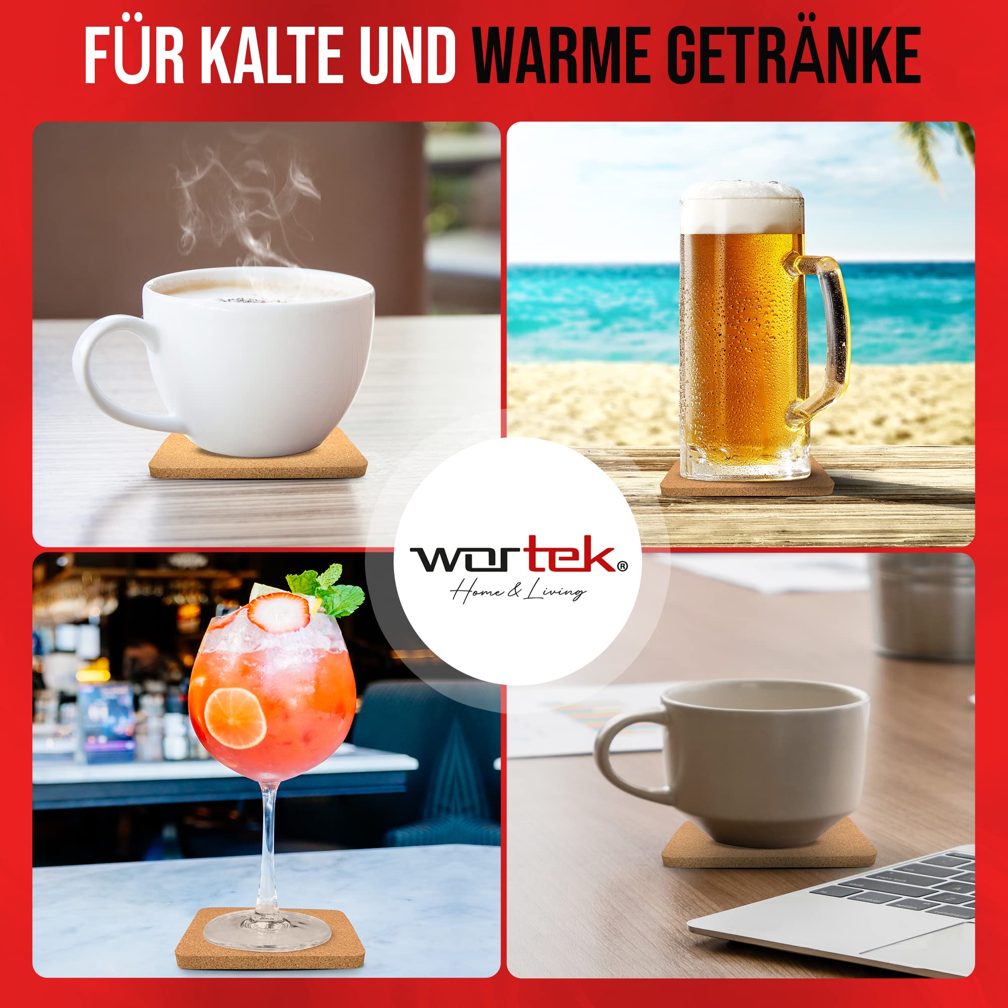 wortek Podstawki pod szklanki, kwadratowe – zestaw 10 szt. podstawek korkowych 10 cm – podstawki na stół, podkładki pod filiżanki, korkowe, do raclette, herbaty, kawy, koktajli, akcesoria barowe