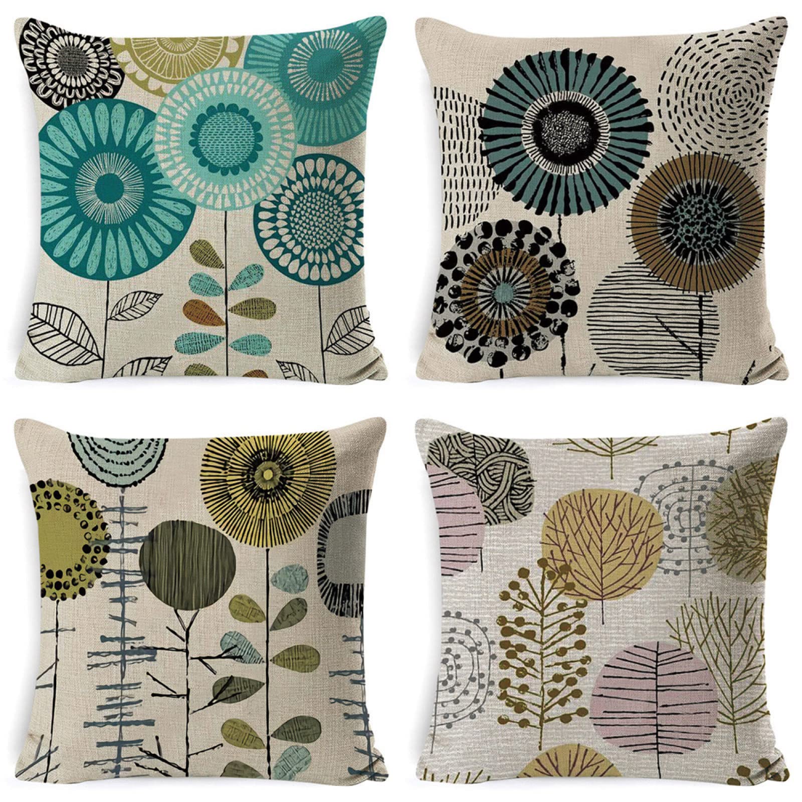 Housse de coussin 55x55cm lot de 4 en lin motif fleur bleue pour canapé