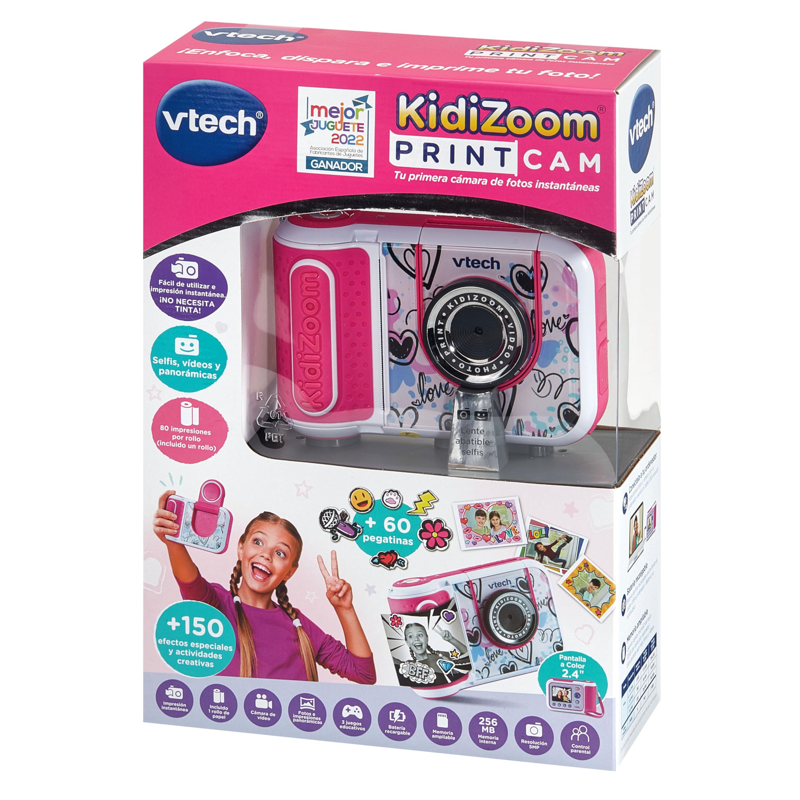 VTech - Kidizoom Print CAM Rosa, Cámara de Fotos instantáneas y vídeos para niños +5 años, Impresión Instantánea, Plantillas, Efectos, Marcos, Versión ESP