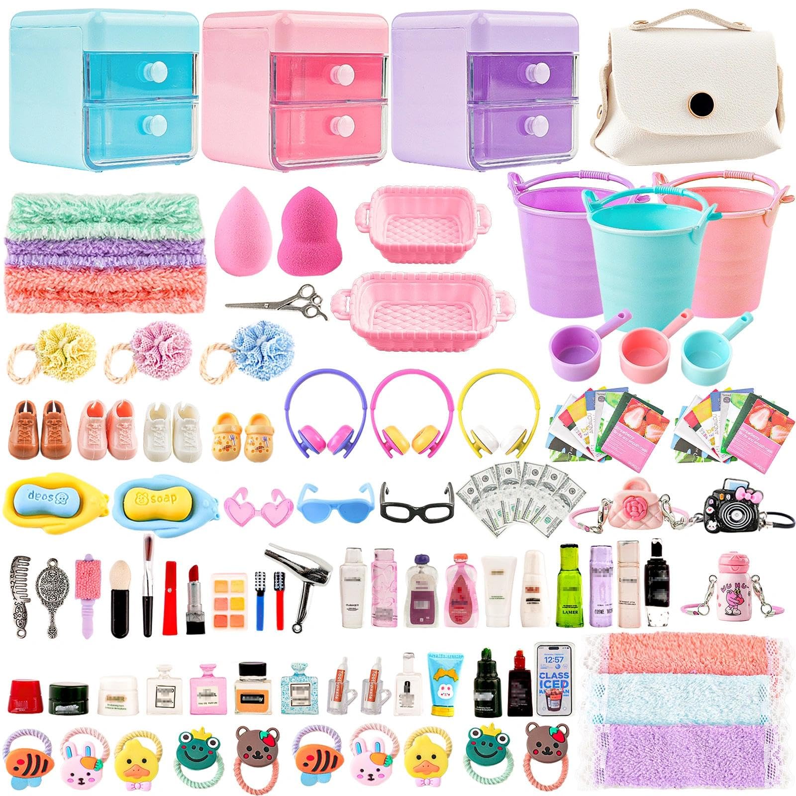 118pcs Dollhouse Mini Jewelry Storage Case Cosmetic Handbag Towel Bathroom Set Accessories Toothbrush Shampoo Purse Decoration Doll Backpack Girls Micro Scene