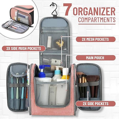 Miniatura 2 de WOOMADA Neceser de aseo para mujer, resistente al agua, bolsa de maquillaje con gancho colgante de metal, 7 compartimentos organizadores, bolsa