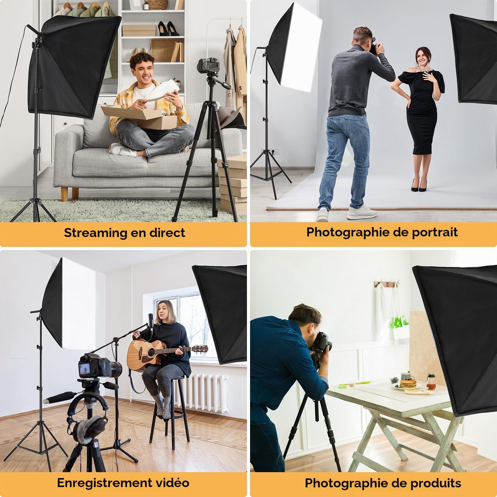 Kit Softbox Éclairage Photographie, 2 Softbox 50x70cm, 2 Ampoules LED, 2m Support Réglable, Kit Équipement de Studio pour Vidéo/Produits/Rétraits, Éclairage Doux Uniforme