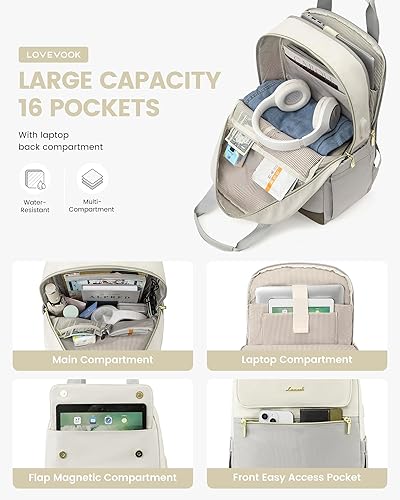 Miniatura 2 de LOVEVOOK Mochila para laptop para mujer, bolsa de trabajo para laptop, BeigeVerde Oscuro, Mochilas de viaje