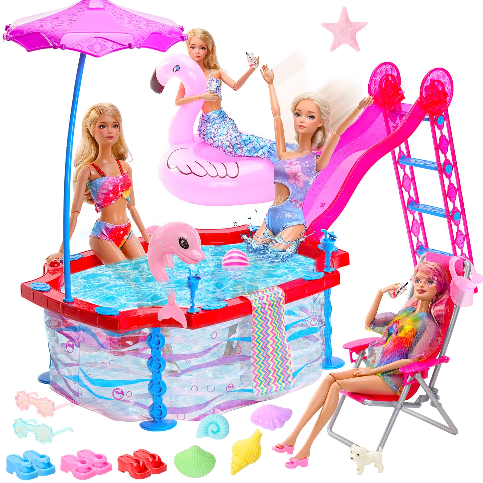 Miunana 23 Doll Swimming Pool Play Set with 19 Pool Accessories Beach Chairs Swimming Ring and 4 Sets Swimsuit Doll Clothes Mermaid Swimwear for 11.5 Inch/30cm Dolls