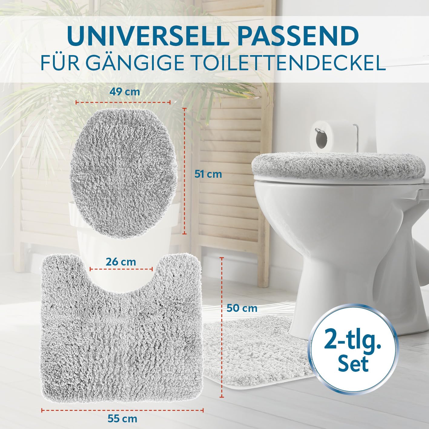 BENKSTEIN WC-Vorleger-Set 2-teilig in hellgrau | weich & rutschhemmend – Badgarnitur mit WC-Vorleger 50x55 cm & Deckelbezug 49x51 cm | flusenfrei & waschmaschinengeeignet | kuscheliger Badteppich