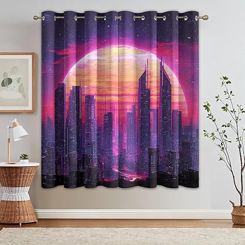 Retro Neon Synthwave Curtains 63 Inch 2 Panel Set, 95% Blackout Curtains City Skyline Pattern, Retro Neon Synthwave Decor for Living Room Bedroom,