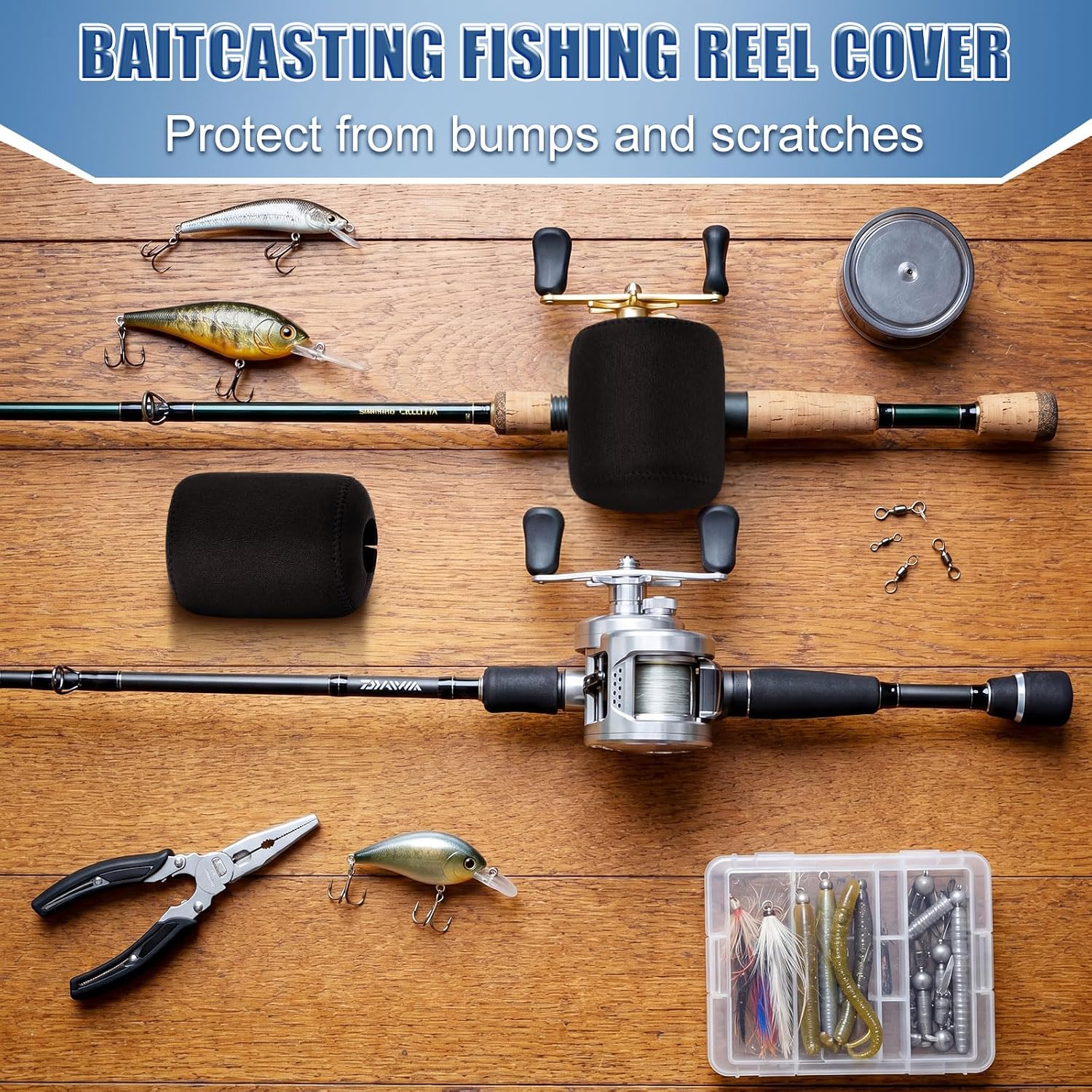 2 Pcs Black Round Baitcasting Reel Cover, Neoprene Fishing Pouch for Conventional Gear, Shockproof Protective Case, Left Right Handed Storage Bag