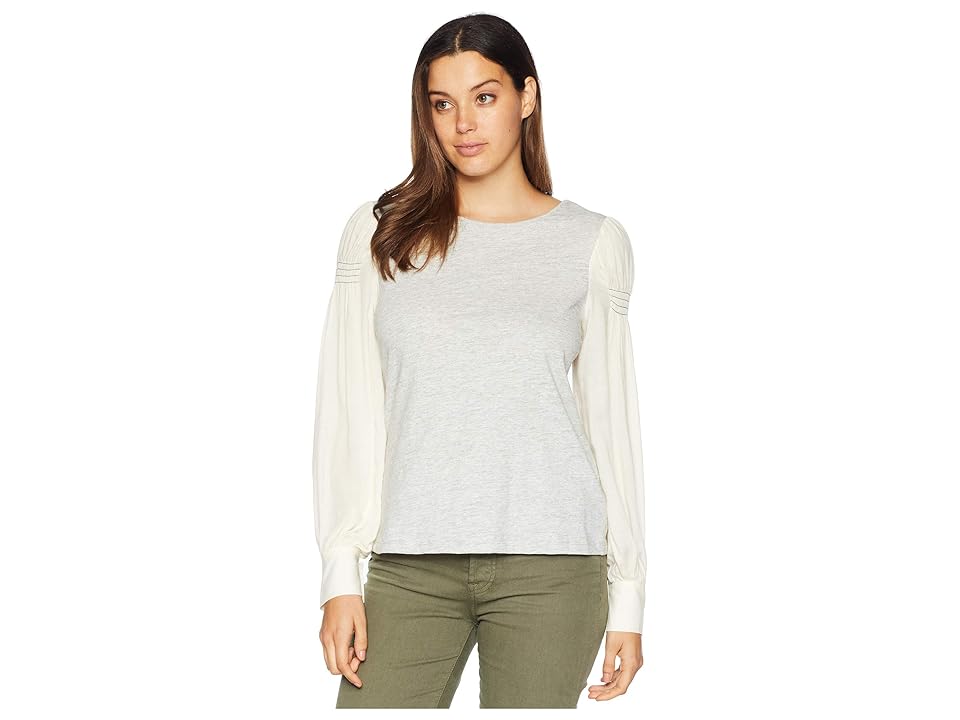 

TWO by Vince Camuto Long Sleeve Smocked Shoulder Mix Media Slub Top (Grey Heather) Women's Clothing