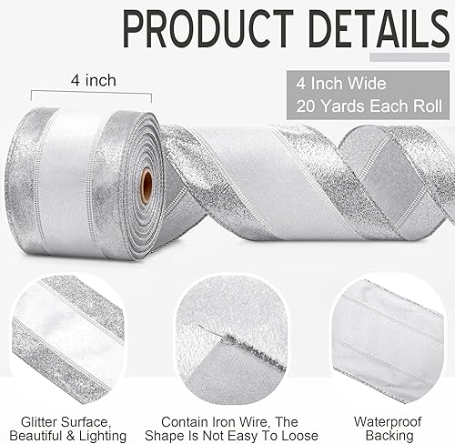 Miniatura 8 de Craftsatin Cinta navideña con alambre de 40 yardas con purpurina de 4 pulgadas de ancho, cinta de tela para decoración del hogar, lazos para