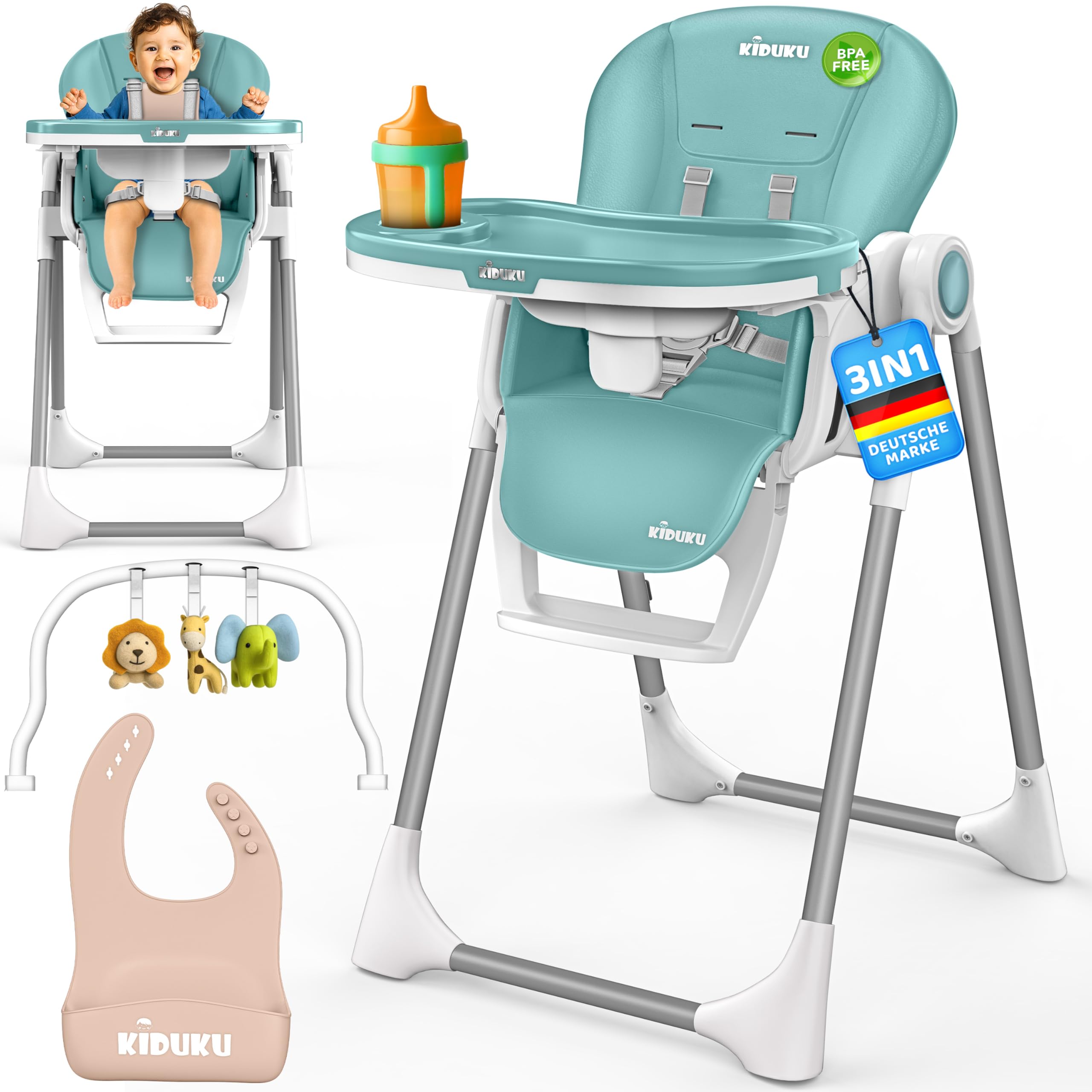 KIDUKU® Hochstuhl Baby 3in1 mit Neugeborenenaufsatz + Lätzchen, Aktivitätsbogen & Tisch | Kinderhochstuhl klappbar mit Liegefunktion | Kombihochstuhl höhenverstellbar | mitwachsend 0-36 Monate