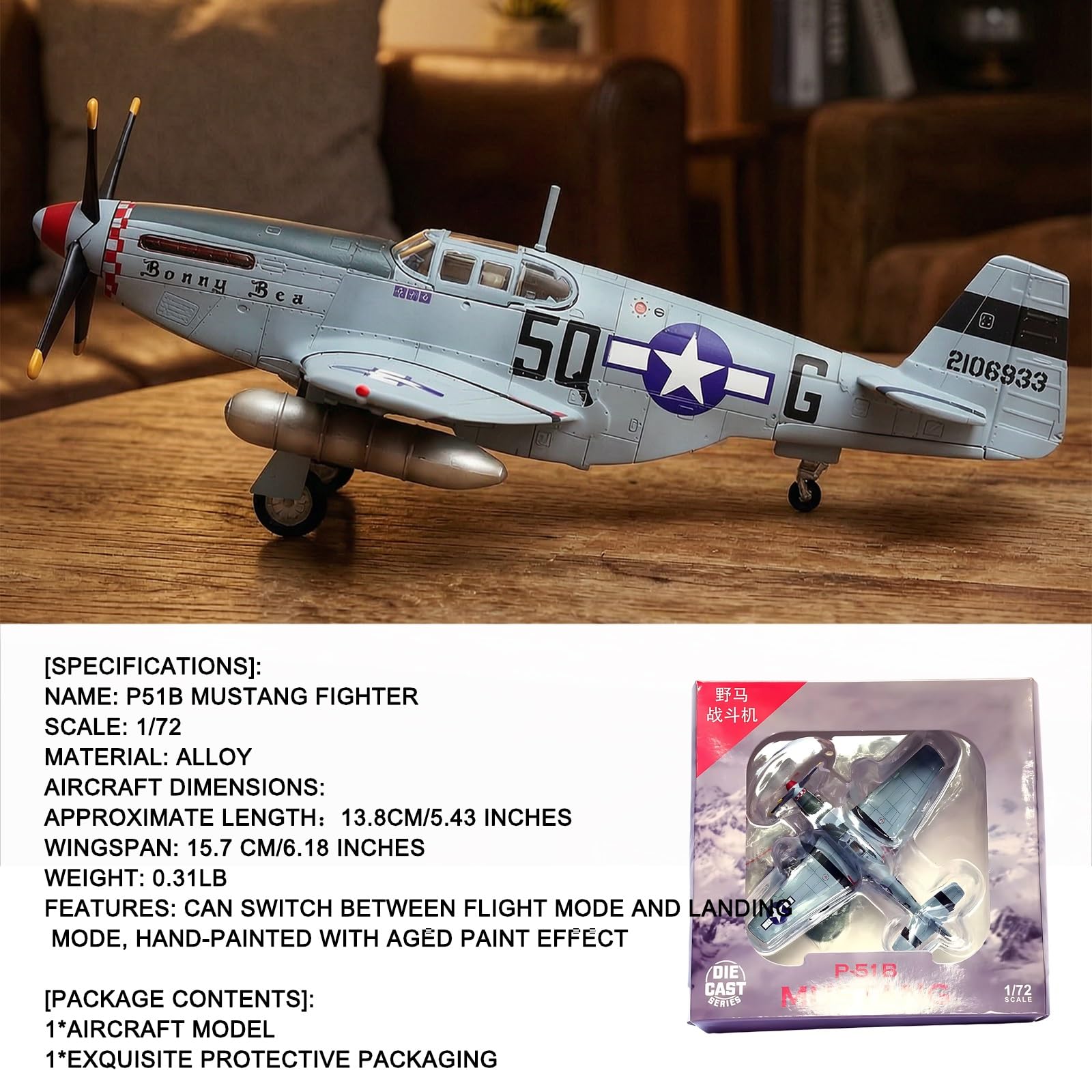 P-51B 1/72 Metal Aircraft Model with Stand Collector-Grade Display for Aviation Enthusiasts Military Collectors, Gift-Ready Detailed Scale Model for Desk Shelf Cabinet(504)