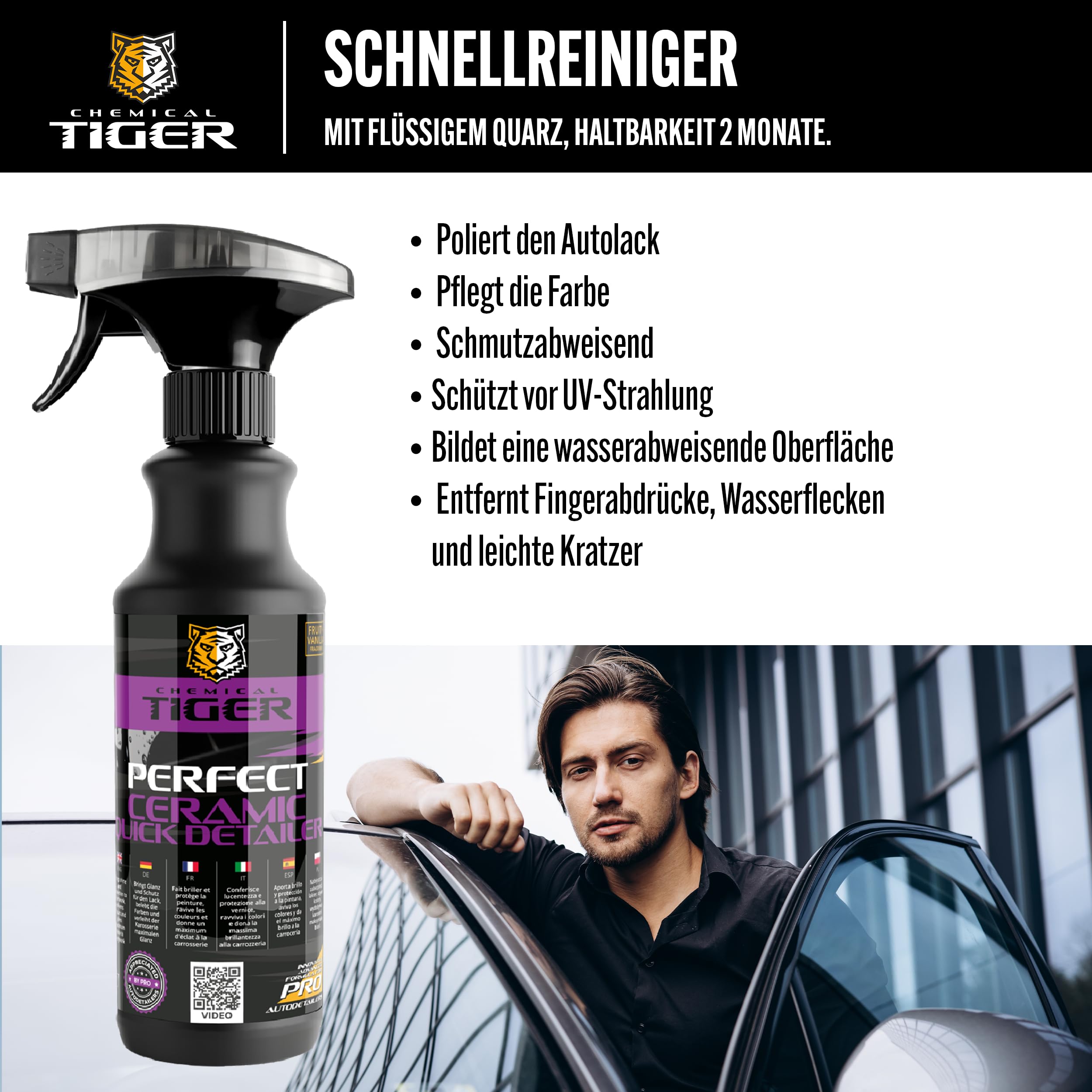 Autopflege Set 3-telig: Auto Reiniger für Innenraum & Außen + Detailer Keramikversiegelung + Felgenreiniger - Gründliche Reinigung, Schonend für Oberflächen, Tiefer Glanz