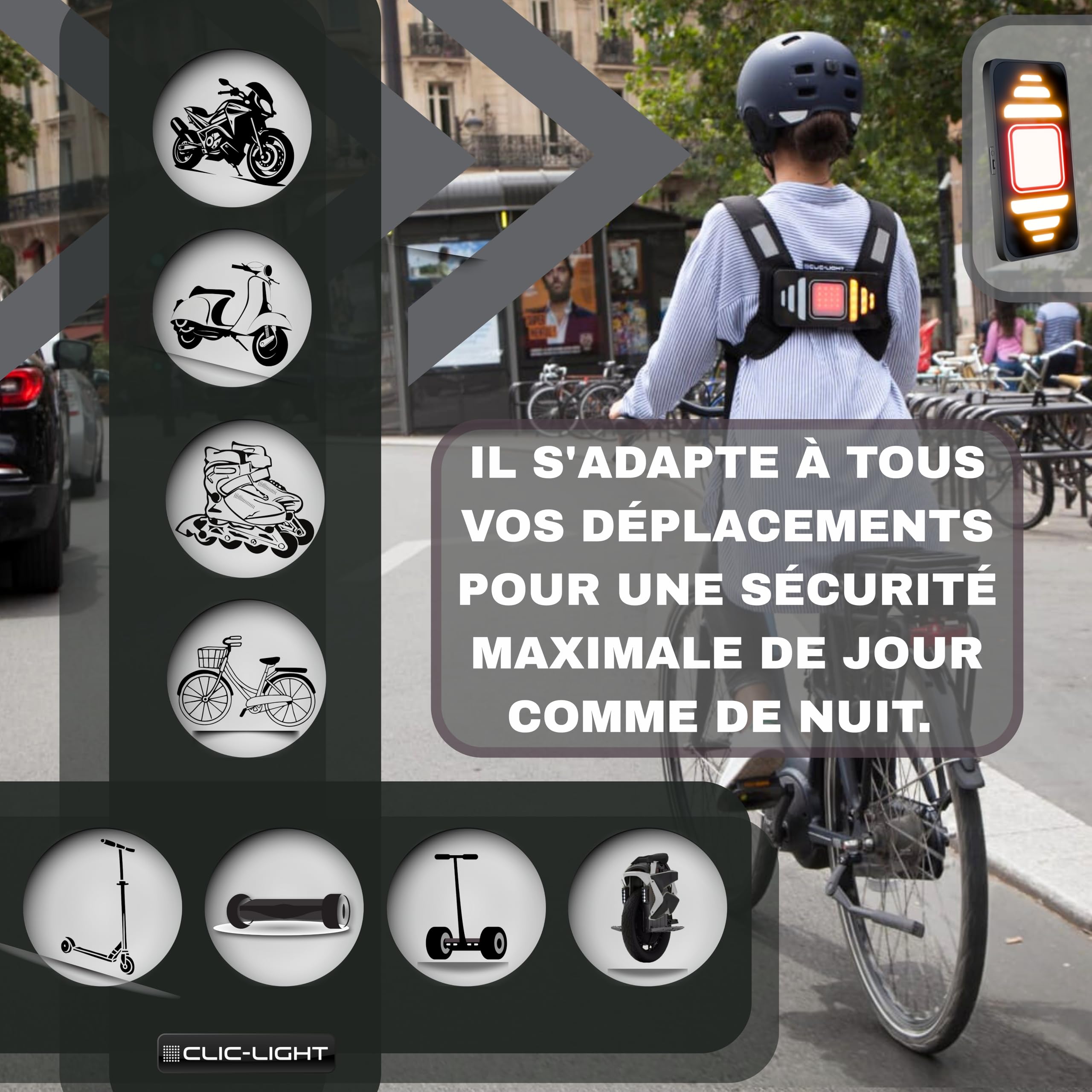 Clic-Light V2 – Clignotant Vélo LED avec Feu Arrière, Stop, Position et Détresse | Module de Signalisation Lumineux Intelligent Haute Visibilité 400m | Moto, Trottinette, Enfant et Adulte