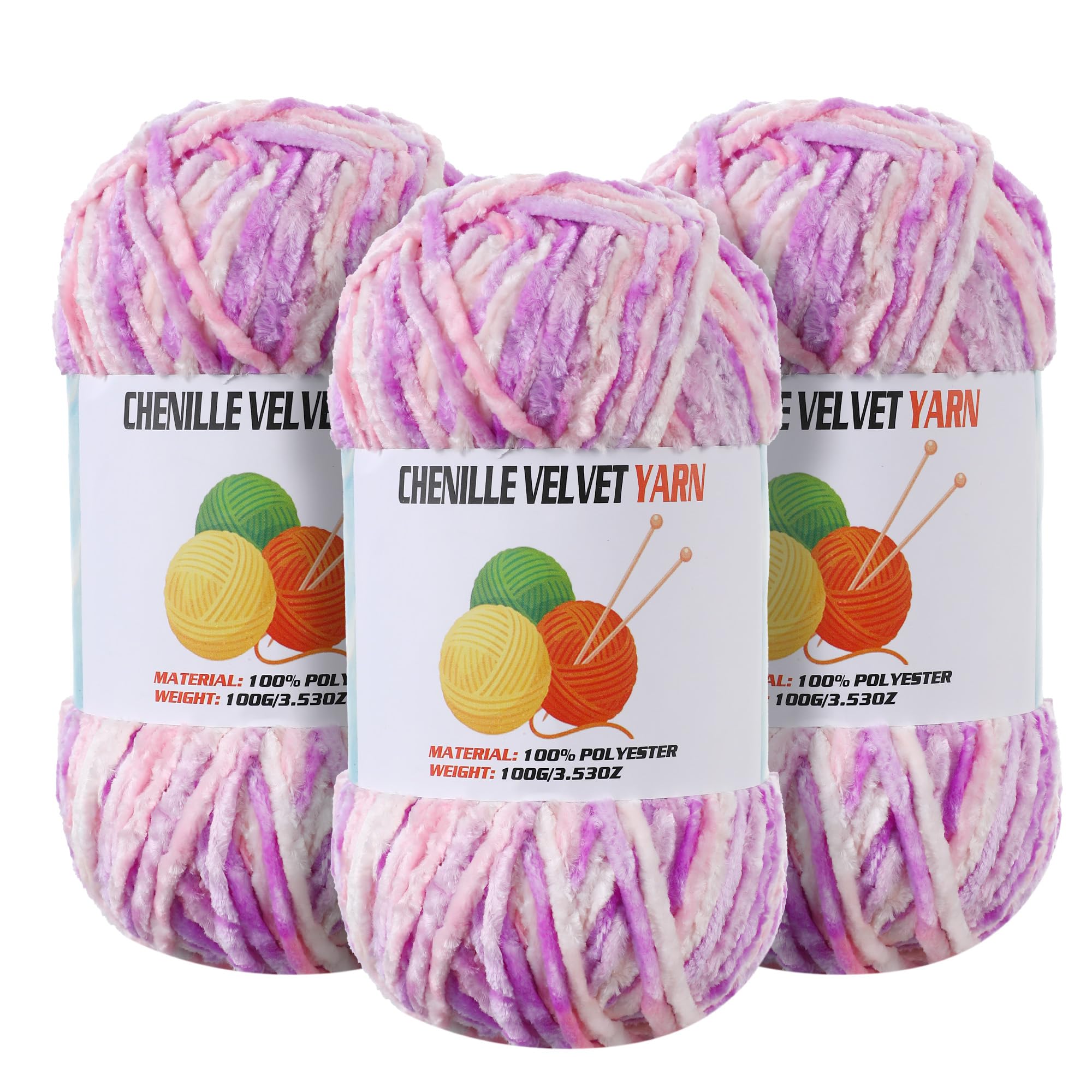 3 * 100g Velvet Chenille Chunky Yarn for Crocheting, Handcrafts Weaving Soft Chenille Yarn for Crocheting Clearance, Used for Making Baby Yarns Blanket, Clothes, Knitting Creations (Pastel Purple)