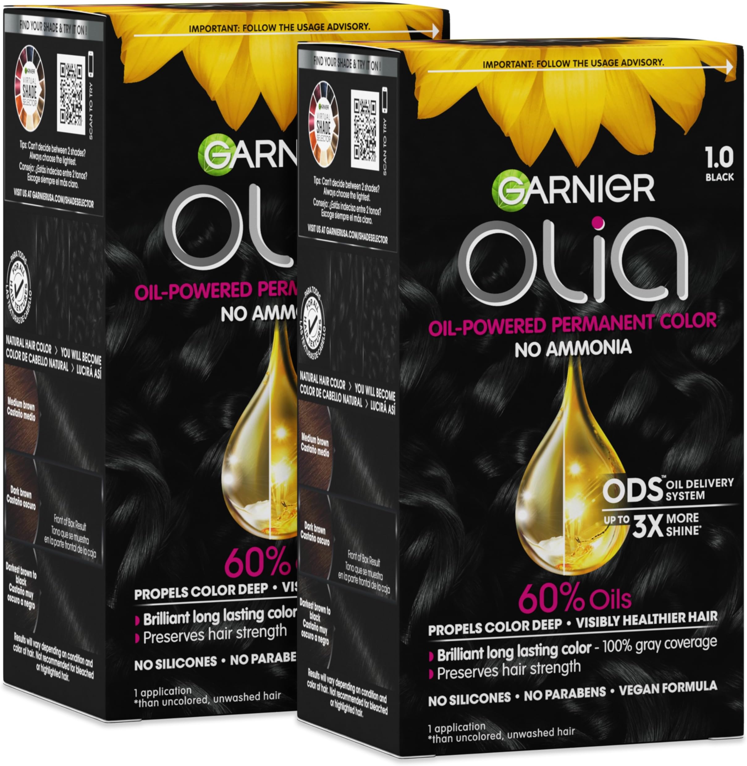 Olia Hair Color, Ammonia-Free Permanent Hair Dye, Oil-Powered Formula for 100% Gray Coverage and 3x Shinier Hair, Vegan & Cruelty Free, 1.0 Black, 2 Count