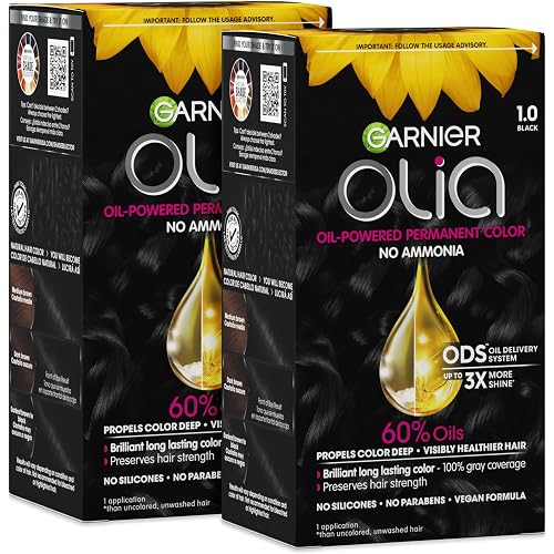 Garnier Olia Hair Color, Ammonia-Free Permanent Hair Dye, Oil-Powered Formula for 100% Gray Coverage and 3x Shinier Hair, Vegan & Cruelty Free, 1.0 Black, 2 Count
