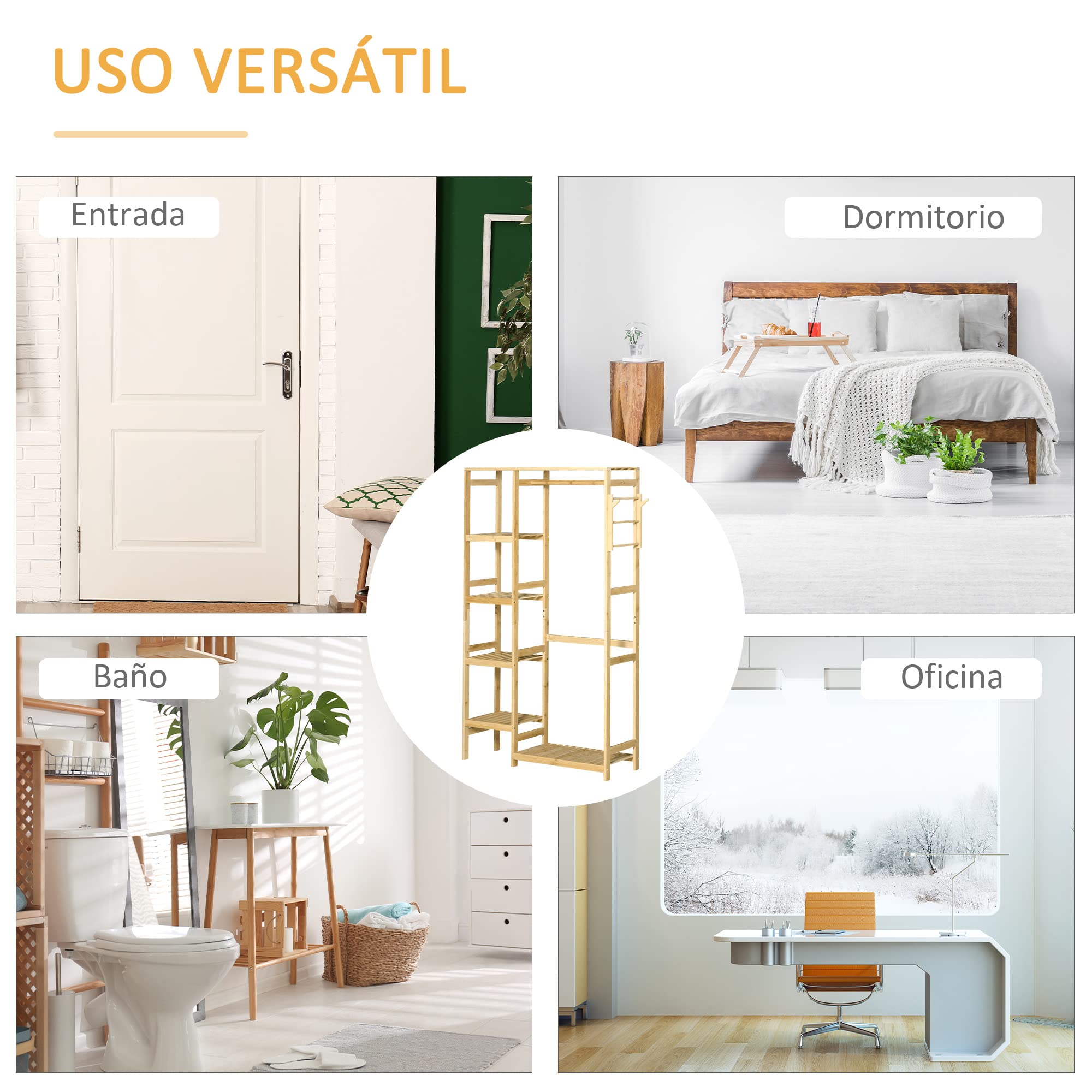 HOMCOM Perchero Burro de Bambú de Pie con Estantería 90x30x155 cm Natural | 4 Niveles, Barra, Estante Inferior, Colgador Lateral, para Ropa Bolsas, Dormitorio