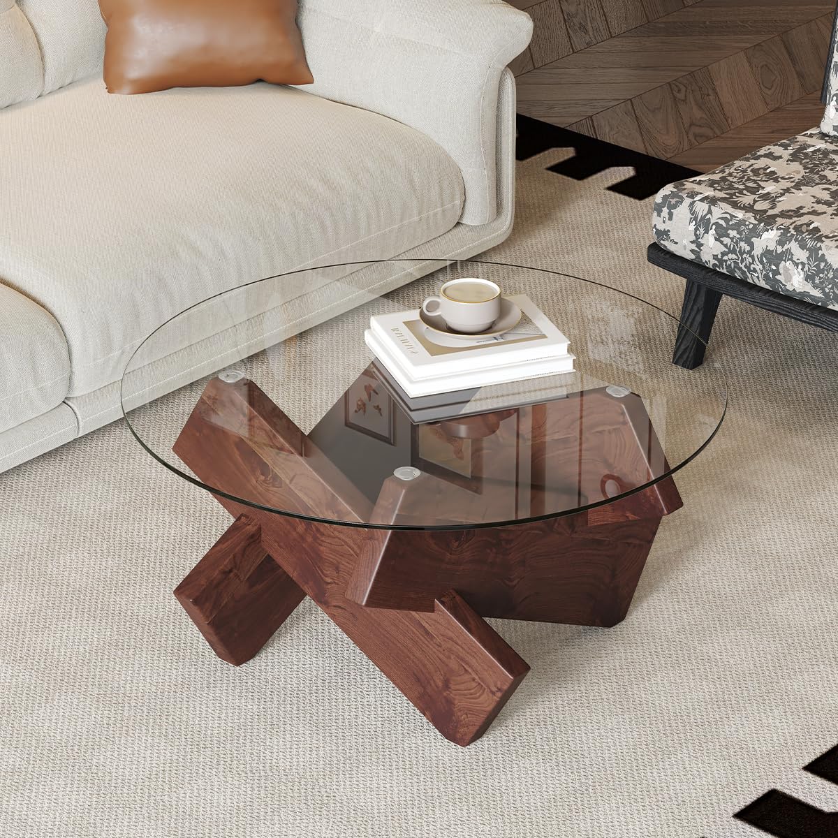 Svmdcu Walnut Round Glass Coffee Table,33-Inch Coffee Tables for Living Room Clear Circle Accent Table Adapts to Farmhouse and Contemporary Decor