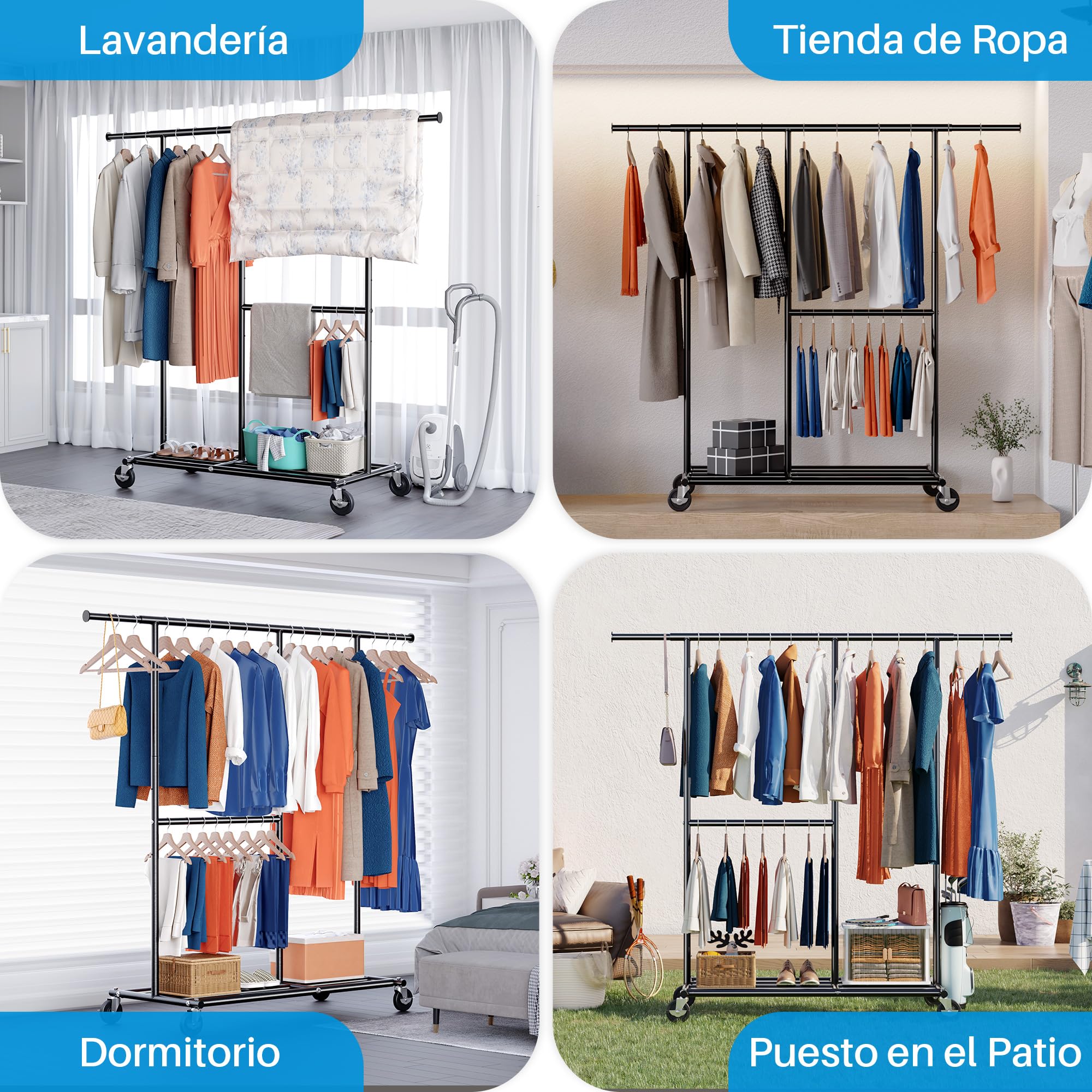 HOKEEPER Burro de Ropa Resistente de Doble Barra con Ruedas, 209kg, Altura Ajustable y Barra Extensible, Armario Móvil para Dormitorio, Boutique