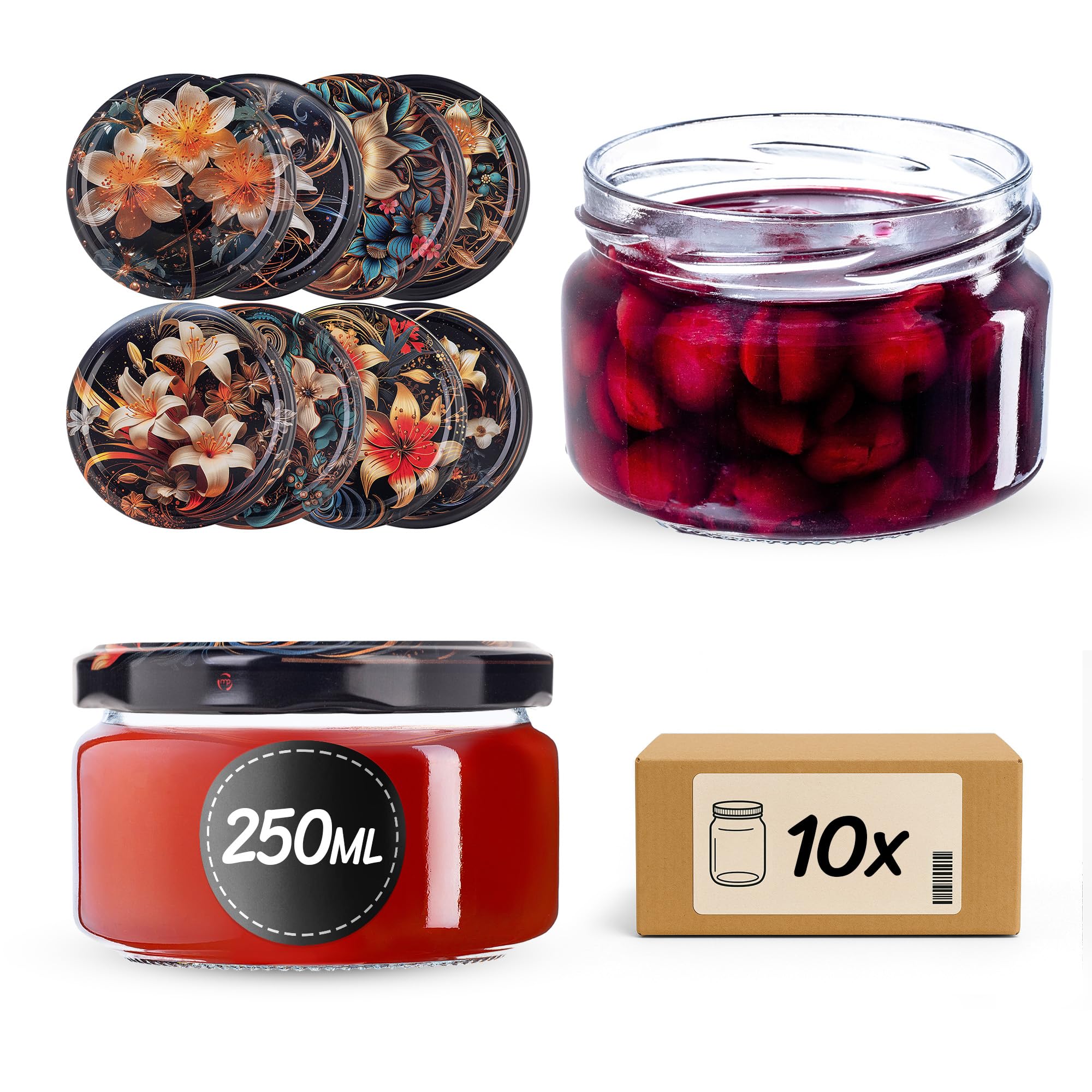 Kadax Lilies Set Of 10 Jam Jars 250 Ml To82 Preserving Jars, Storage Jars, Mason Jar With Screw Lid, Airtight Screw Jars, Honey And Jam