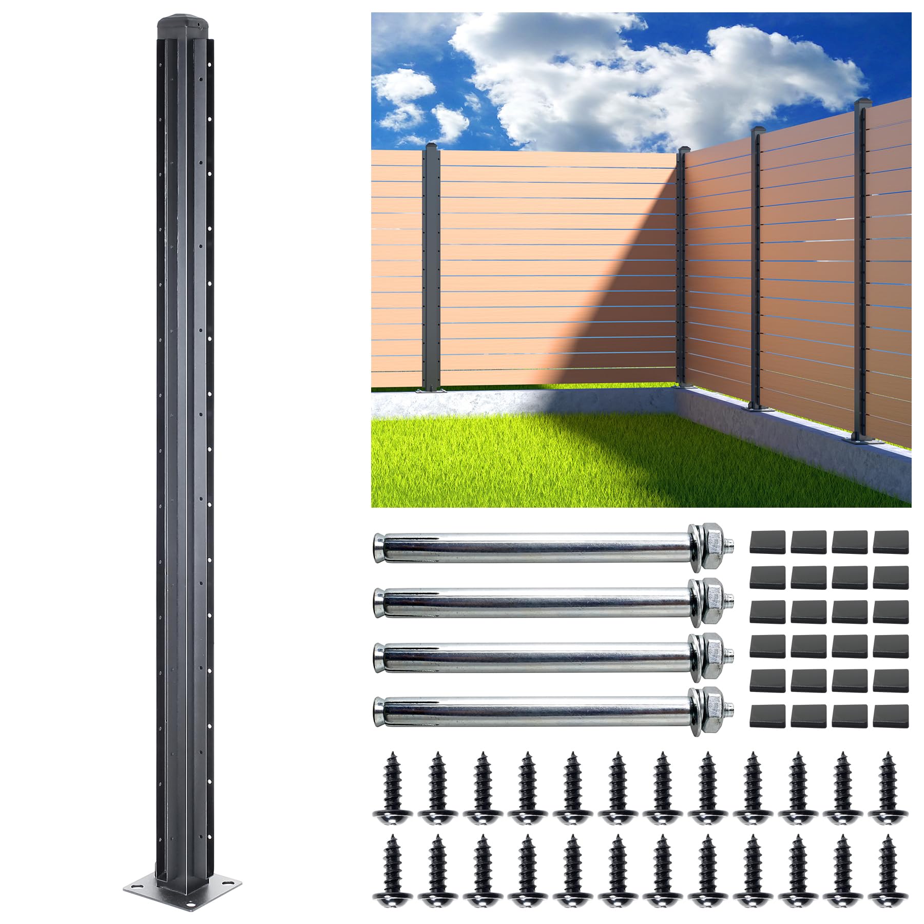 BITALS Q235A-Steel 5ft (H/58in) Heavy Duty Fence Post - Corner Post, Suitable for Outdoor Patio, Backyard and Garden Fence Post Bracket Construction (