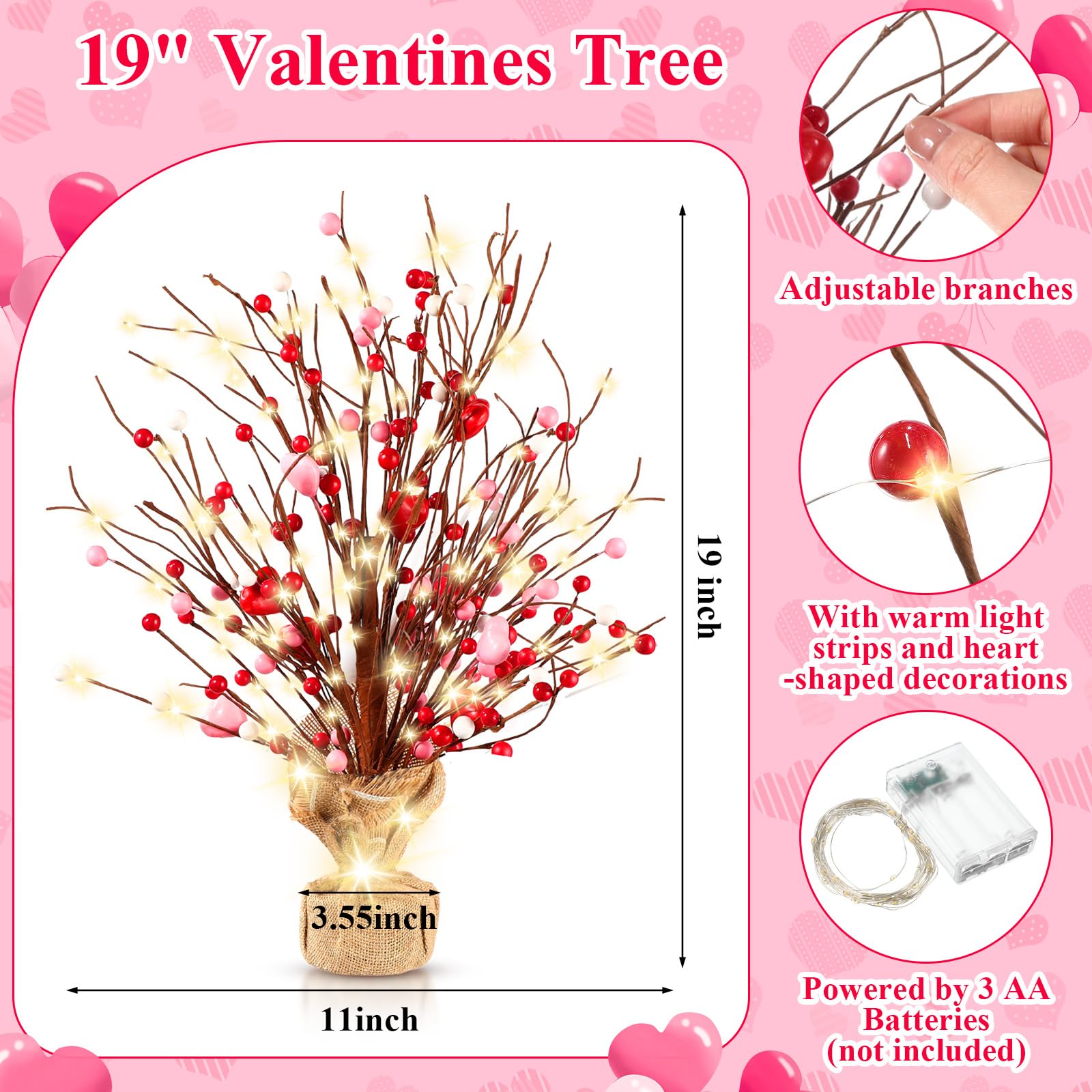 Cinnvoice 6 piezas de decoración para el día de San Valentín, árbol de mesa de 48 cm con forma de corazón de bayas artificiales con cuerda de luz, regalos de madera rústica para parejas, decoración de