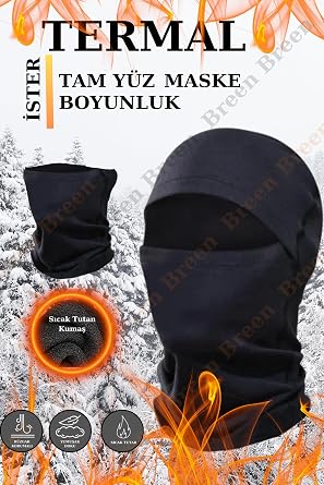 Termal Tam Yüz Kar Maskesi, Rüzgar Korumalı, Siyah Renk, Tek Beden