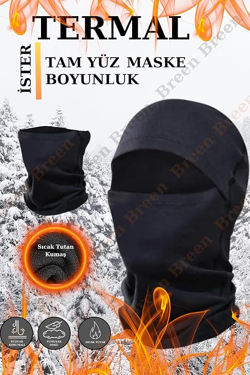 Termal Tam Yüz Kar Maskesi, Rüzgar Korumalı, Siyah Renk, Tek Beden