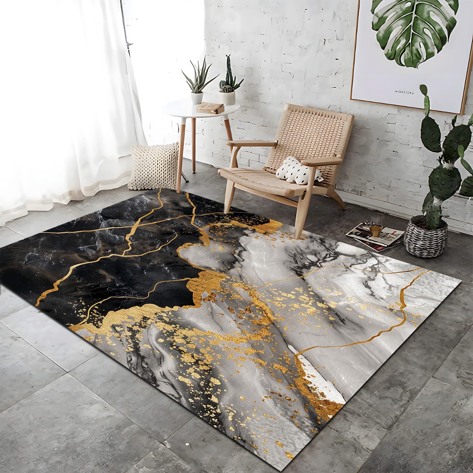 Tapis Salon Marbre Noir Blanc Lavable Pile Courte et Douce, Rectangulaire Tapis Chambre Intérieur Extérieur Dessous antidérapant 160x230 cm