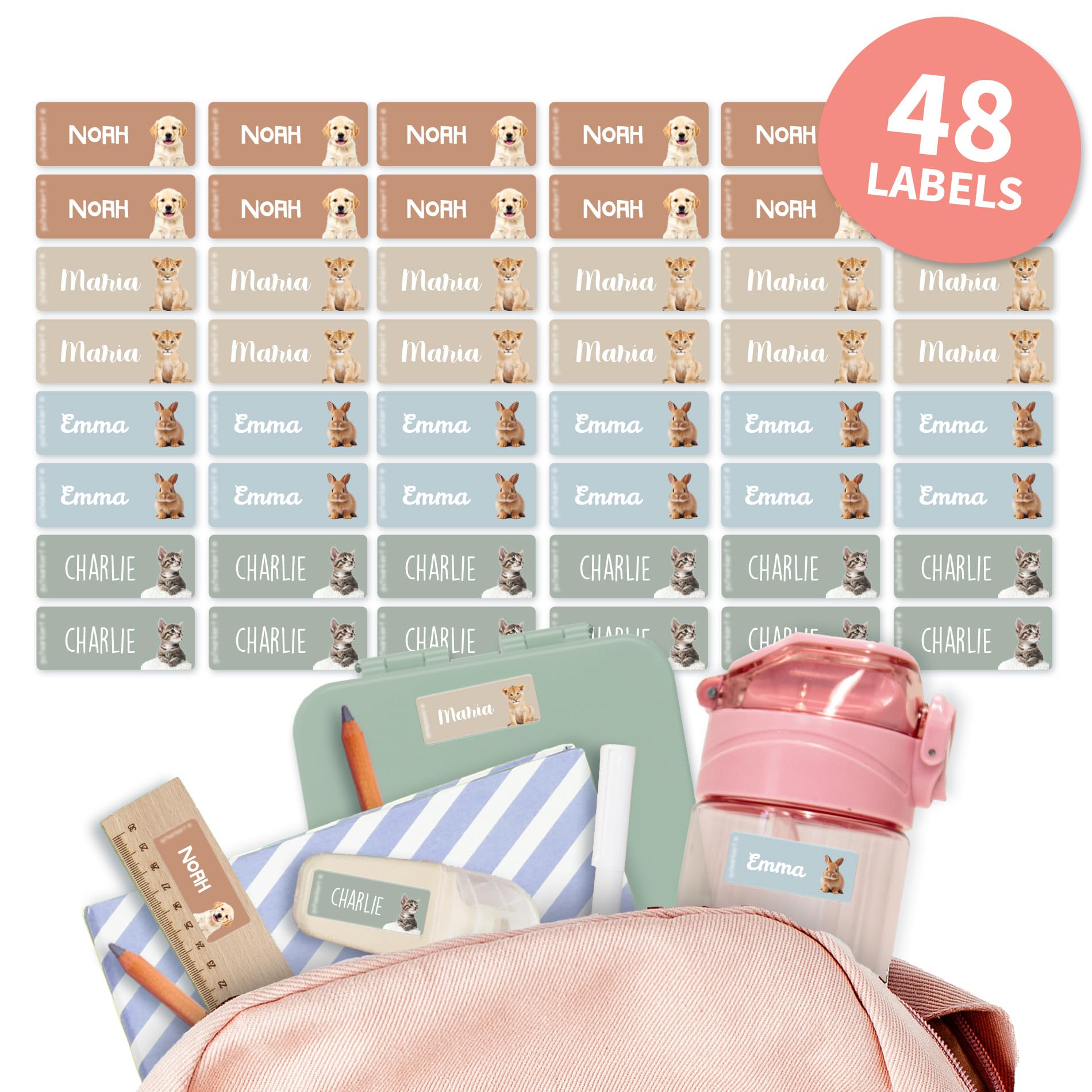 Easy2Name Name Stickers for Children – Personalisable Name Labels with Name & Real World Motifs – Waterproof and Durable – Ideal for School & Nursery – Wildlife (Animals, 48)