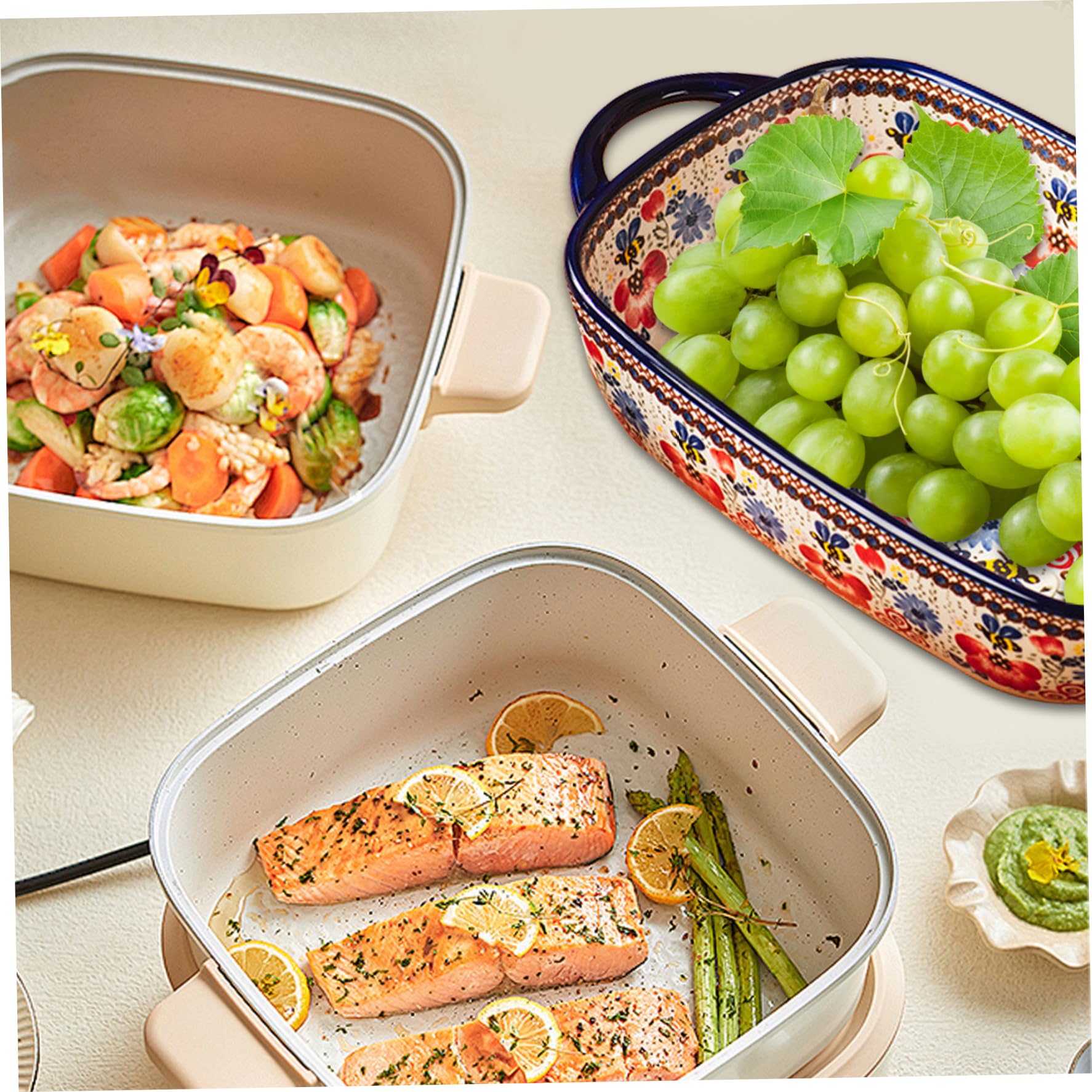 Plato de horno de cerámica, fuente para hornear, 730 ml de plato de horno de cerámica resistente al calor con manijas dobles, plato de lasaña de rectángulo con estampado de flores, platos de cazuela