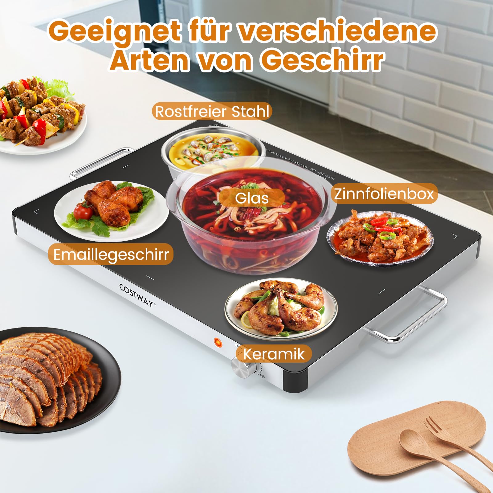 COSTWAY Elektryczna płyta utrzymująca ciepło, podgrzewacz do potraw z regulacją temperatury 30℃-120℃ i szkło hartowane, pojemnik utrzymujący ciepło, podgrzewacz bufetowy na imprezy, bufety (rozmiar L