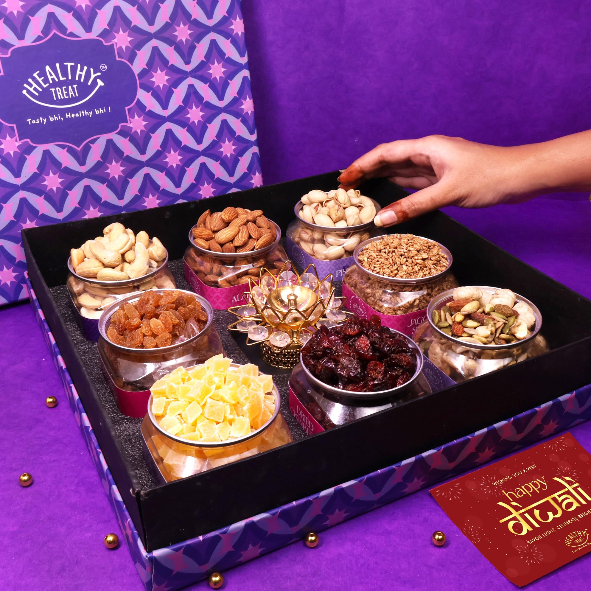 Healthy Treat Galas Diwali Gift Hamper | Roasted Dry fruit & Berries Gift Box with Crystal Diya & Diwali Greeting Card | Diwali Gift Hampers | Dry Fruit Diwali Gift Box | Wholesome Corporate Gifting | Healthy Snacks Diwali Gift Hamper for Gifting (B0CKW3D8TX) Amazon Price History, Amazon Price Tracker