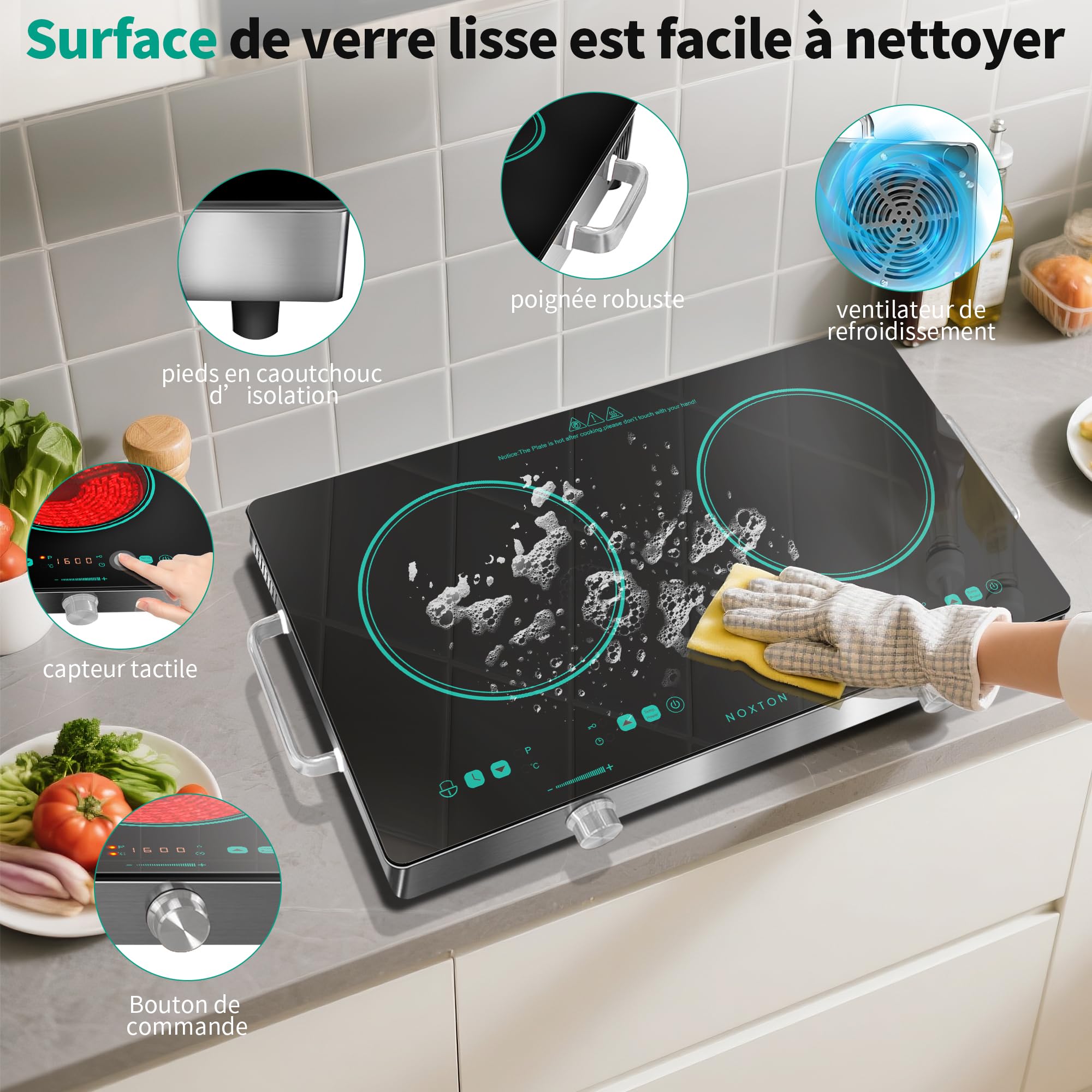 Placa Vitrocerámica Portátil, 2 Fuegos, con Mango y Enchufe,Control Táctil | NOXTON 30 cm, Césped Borde Verde, control táctil y por mando, temporizador, bloqueo para niños, 3200W, 9 niveles de potencia