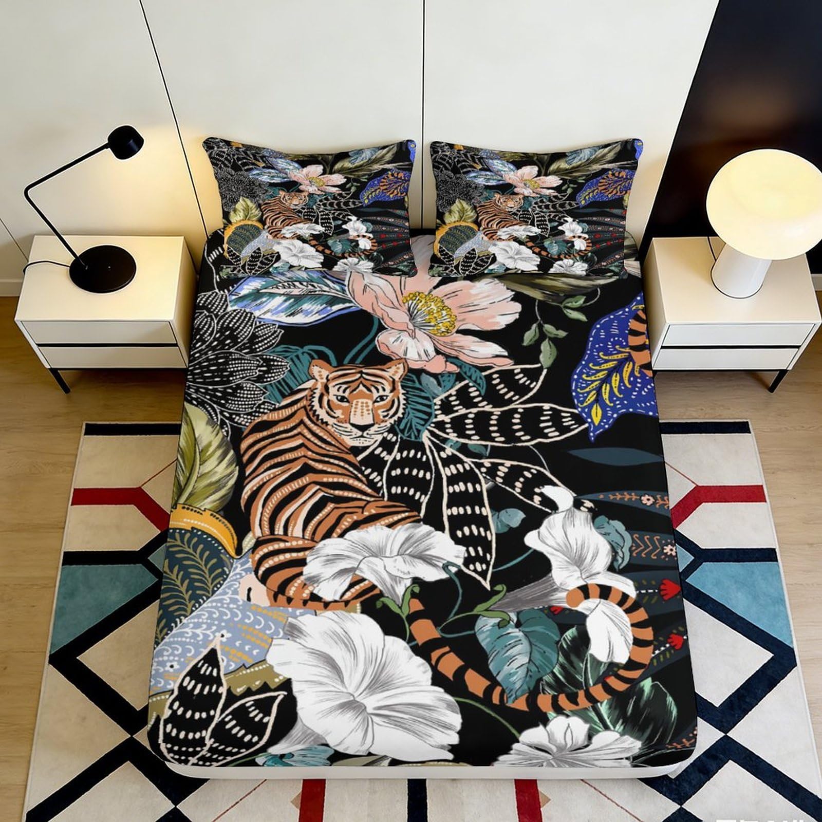 Pnayamiorkfel Style-9 3D Printed Tiger Jungle Fitted Sheet Microfiber Soft Mattress Cover Floral Decor Bedroom Dorm Protection 90X200x25cm