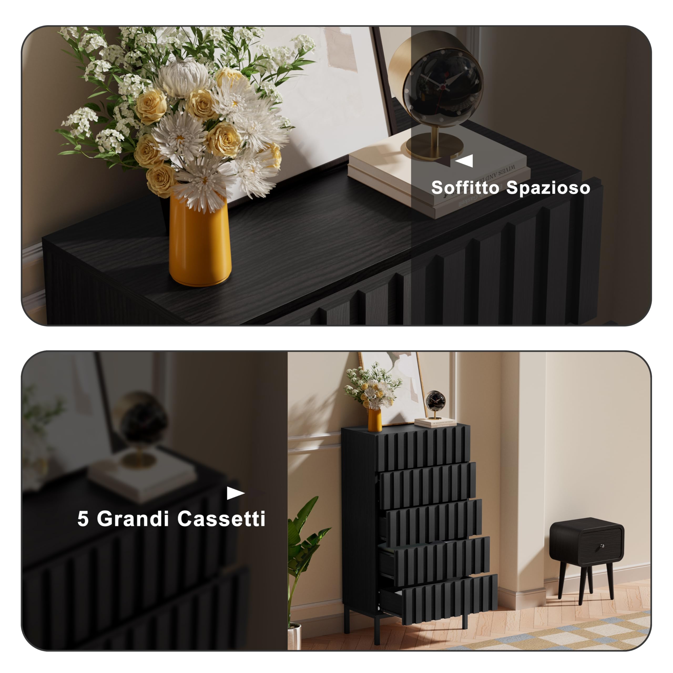 UEV Cassettiera Naturale con 5 Cassetti, Settimino Salvaspazio con Motivo a Doghe di Legno, Cassettiere Camera da Letto Solida e Stabile con Design Antiribaltamento, 60 x 34 x 110 cm, Nero
