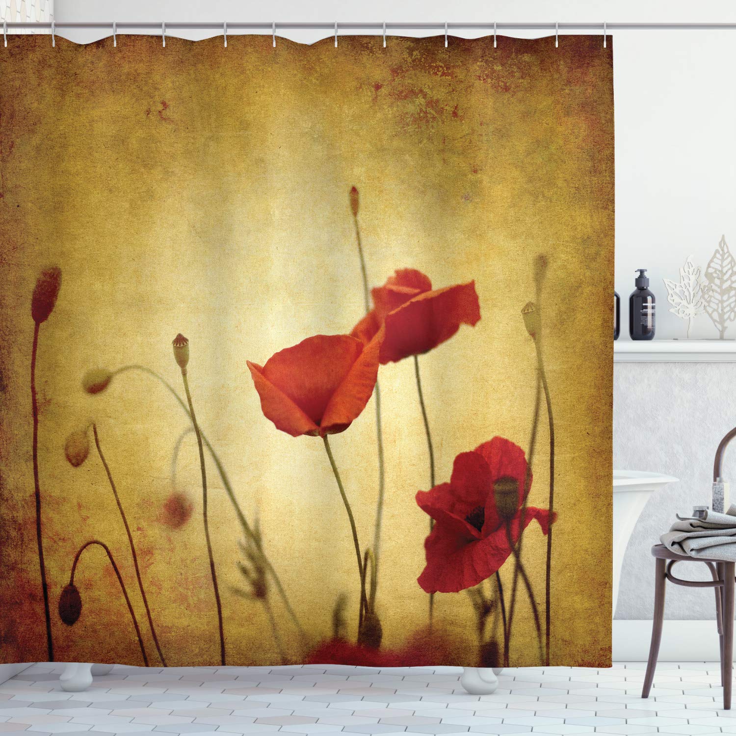 ambesonne(180cm W By 180cm L, Multi 21) - Poppy Decor Collection, Poppies and Flower Buds on Ambient Dark Grunge Background with Vintage Effects Bohemian, Polyester Fabric Bathroom Shower Curtain ...