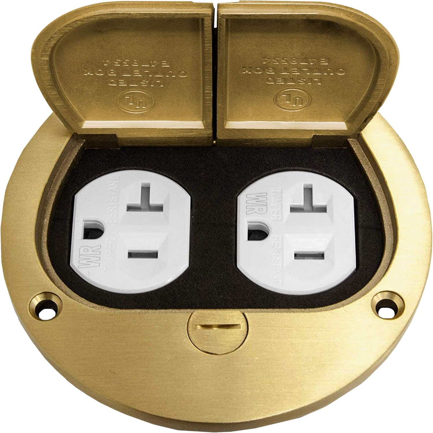 ENERLITES Dual Flip Lid Floor Box Cover, 4" Diameter, 20A Tamper-Weather Resistant Receptacle Outlet, Watertight Gaskets, 975503-C, UL Listed, Brass,Gold