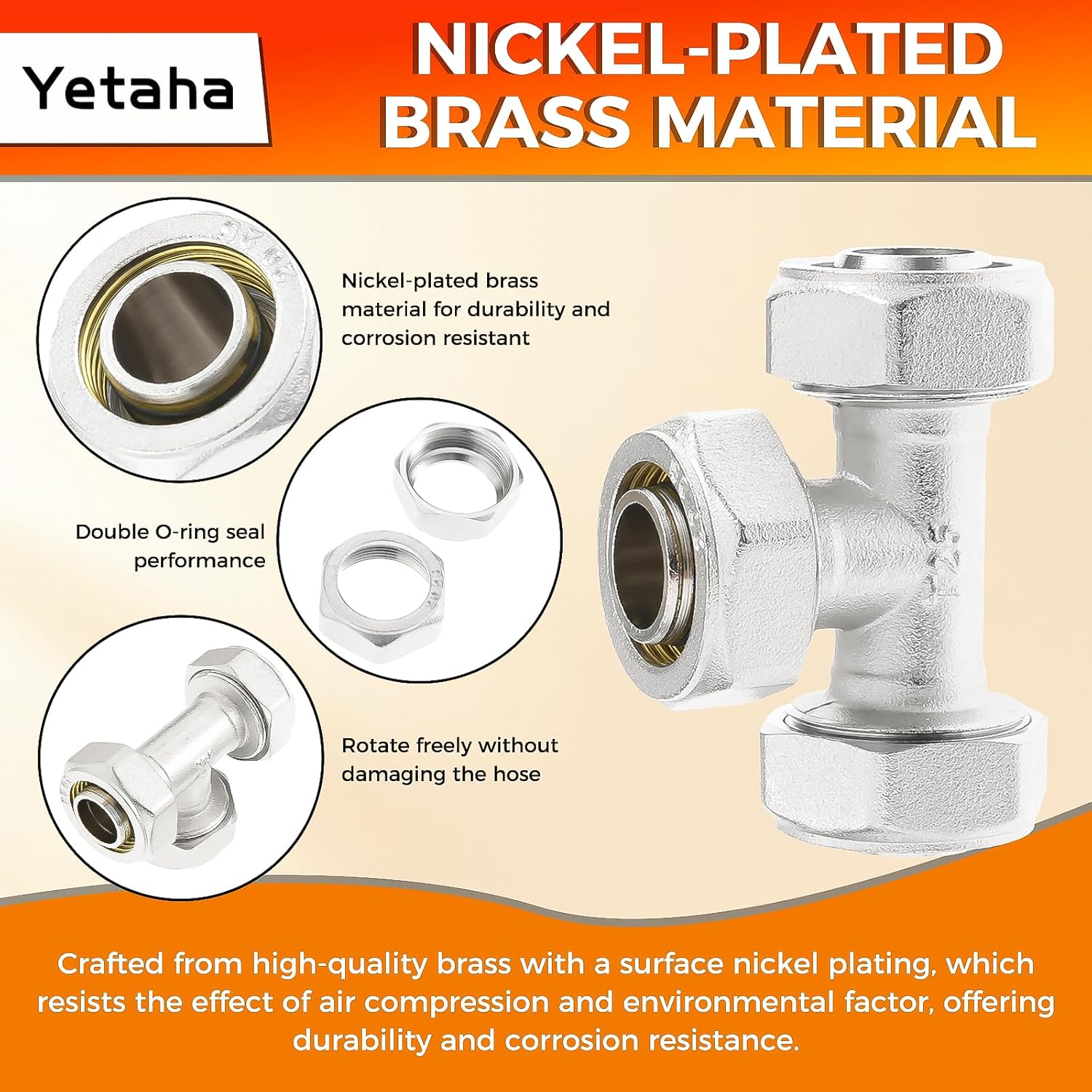 Yetaha 2PCS 3/4" Tee Air Piping Fittings, Brass Nickel-Plated Surface, Air Line Fittings for Shop Garage Compressed Air Tube System 200PSI Working Pressure
