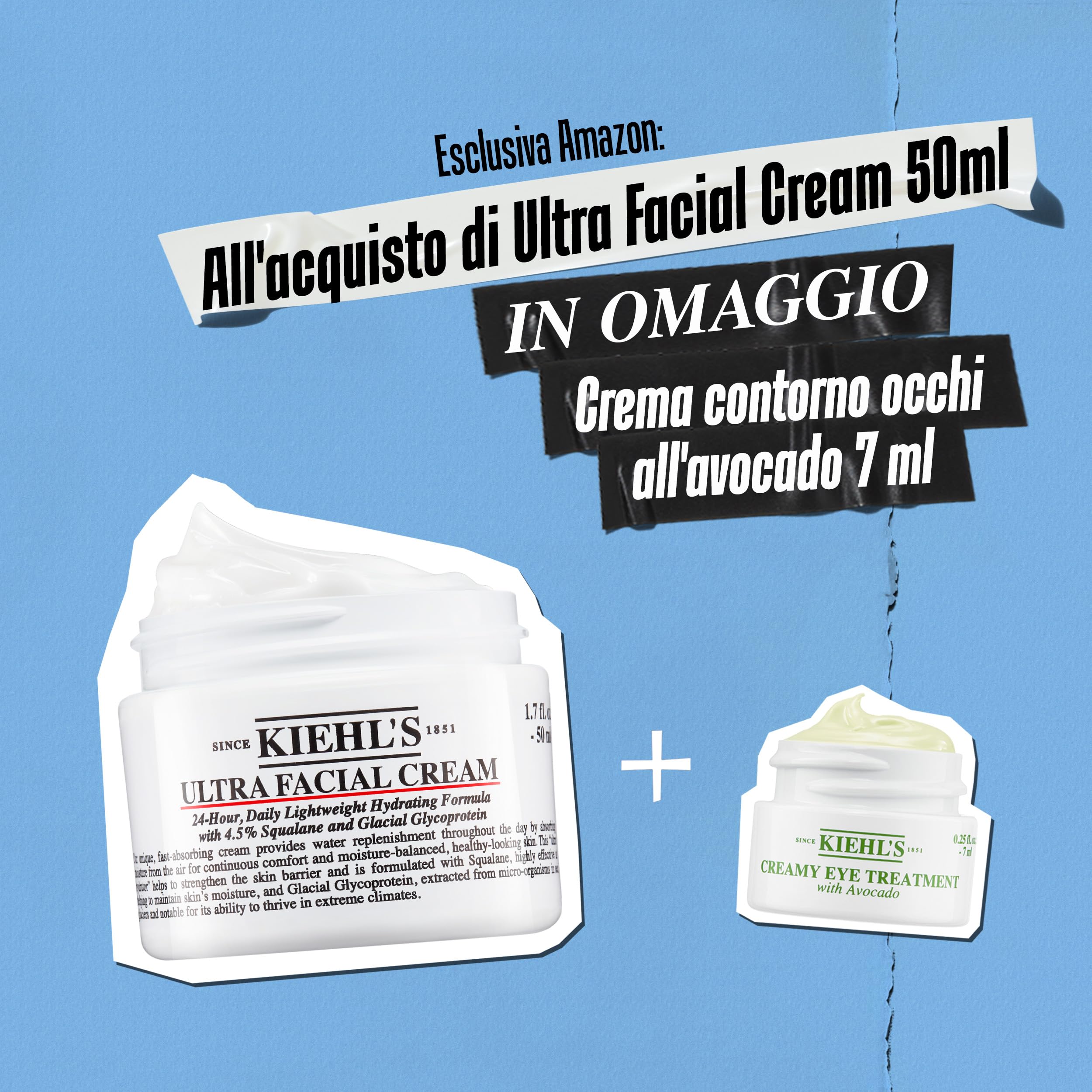 KIEHL's Ultra Facial Cream, Crema Viso Idratante, Per Tutti i Tipi di Pelle, 72H di Idratazione, Con Squalano, Glicoproteina Glaciale e Pro-Ceramidi, 125 ml + Crema contorno occhi all'avocado 7 ml